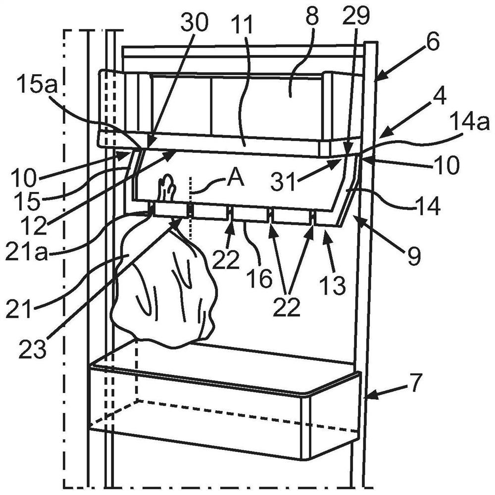 Components of domestic refrigeration appliances with hanging slots capable of changing slot width for hanging units for storage containers