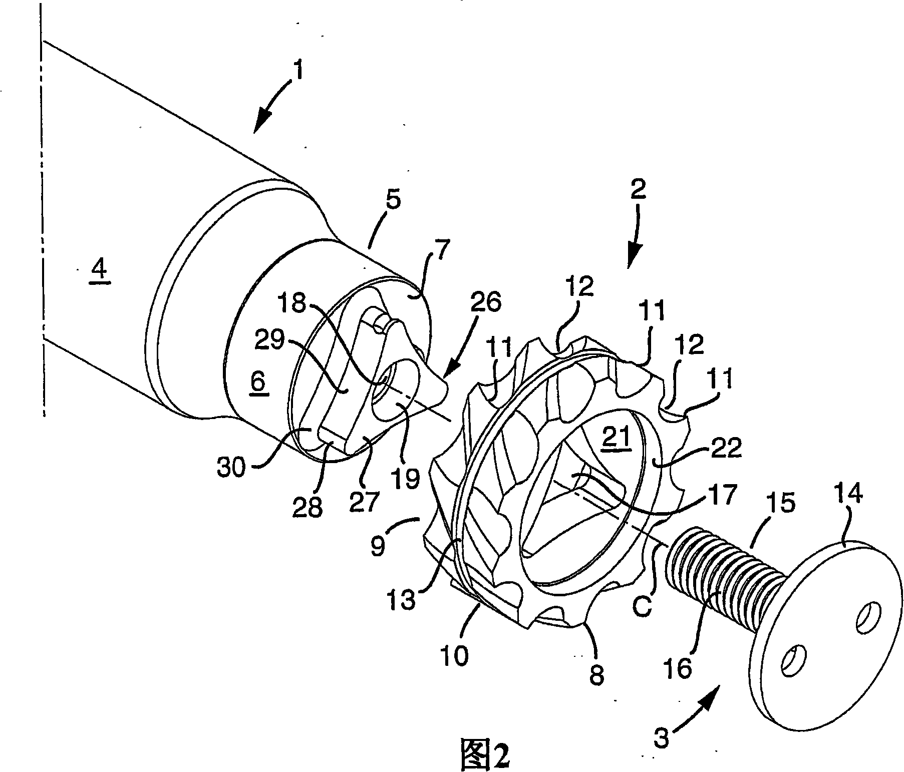 A milling cutter head and a milling cutter tool with holow spaces for receiving a male element