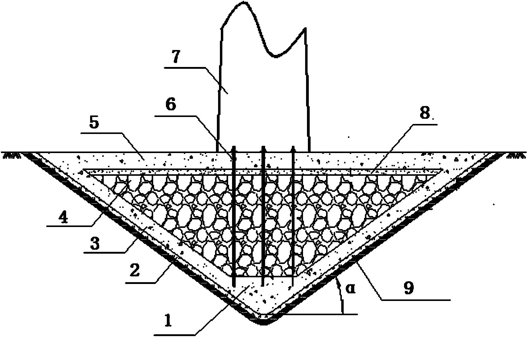 Mountain area reinforced concrete hollow-cone flexible wind power foundation and construction method thereof
