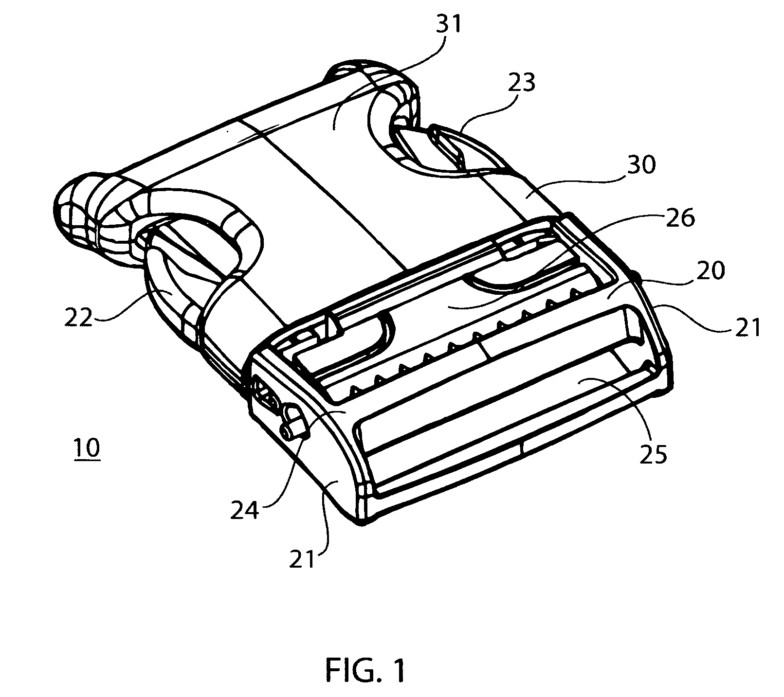 Buckle with pivoting and sliding strap securing bar