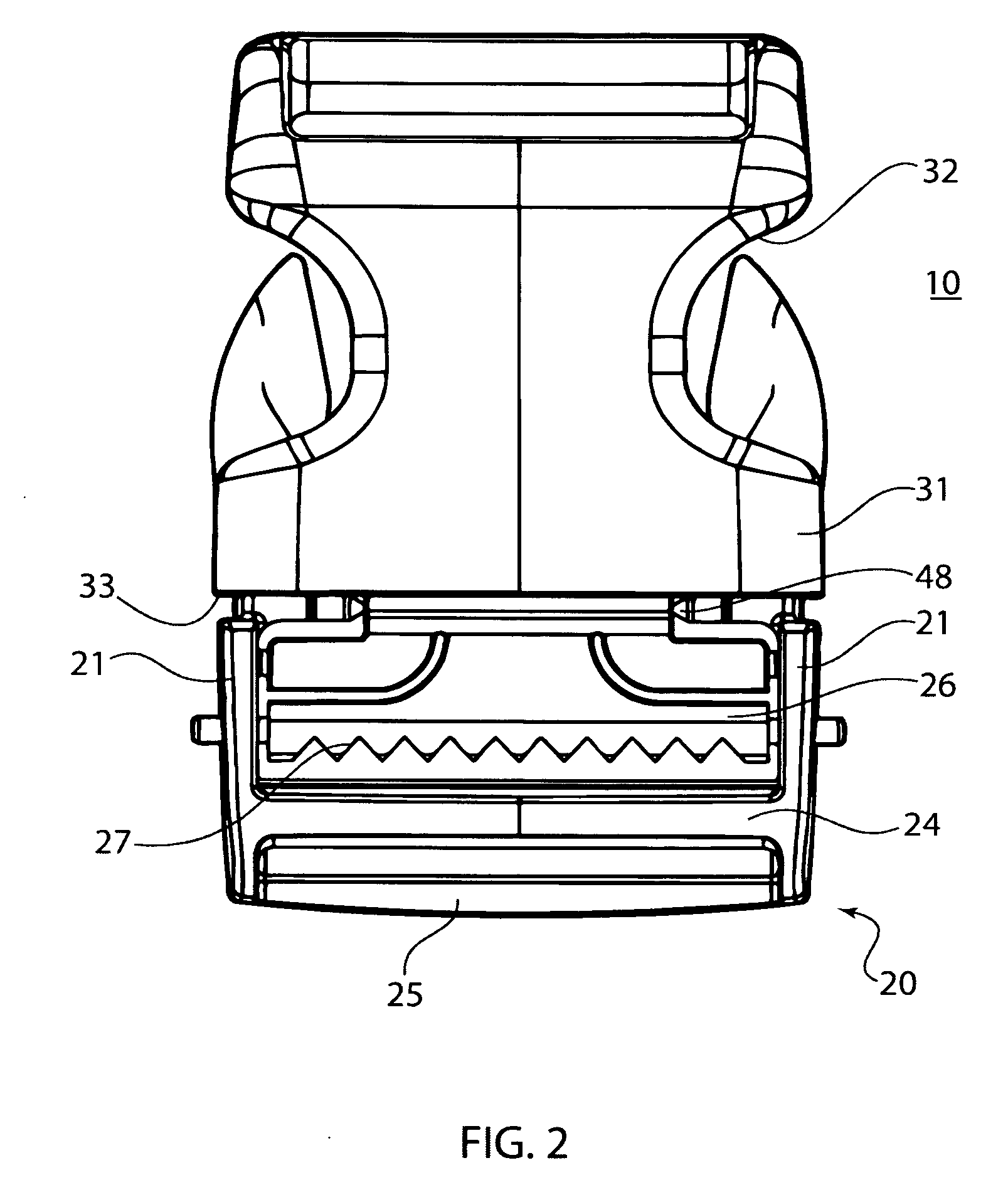 Buckle with pivoting and sliding strap securing bar