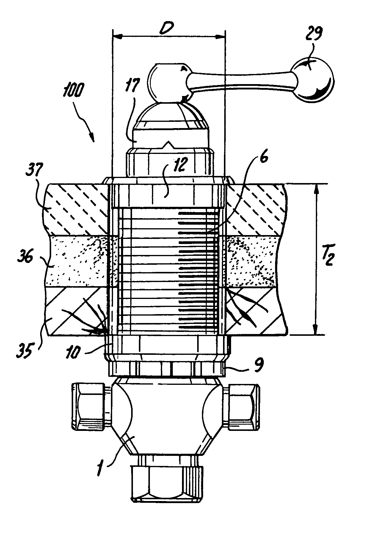 Thermostatic mixing valve for vertical mounting upon a horizontal bathtub deck