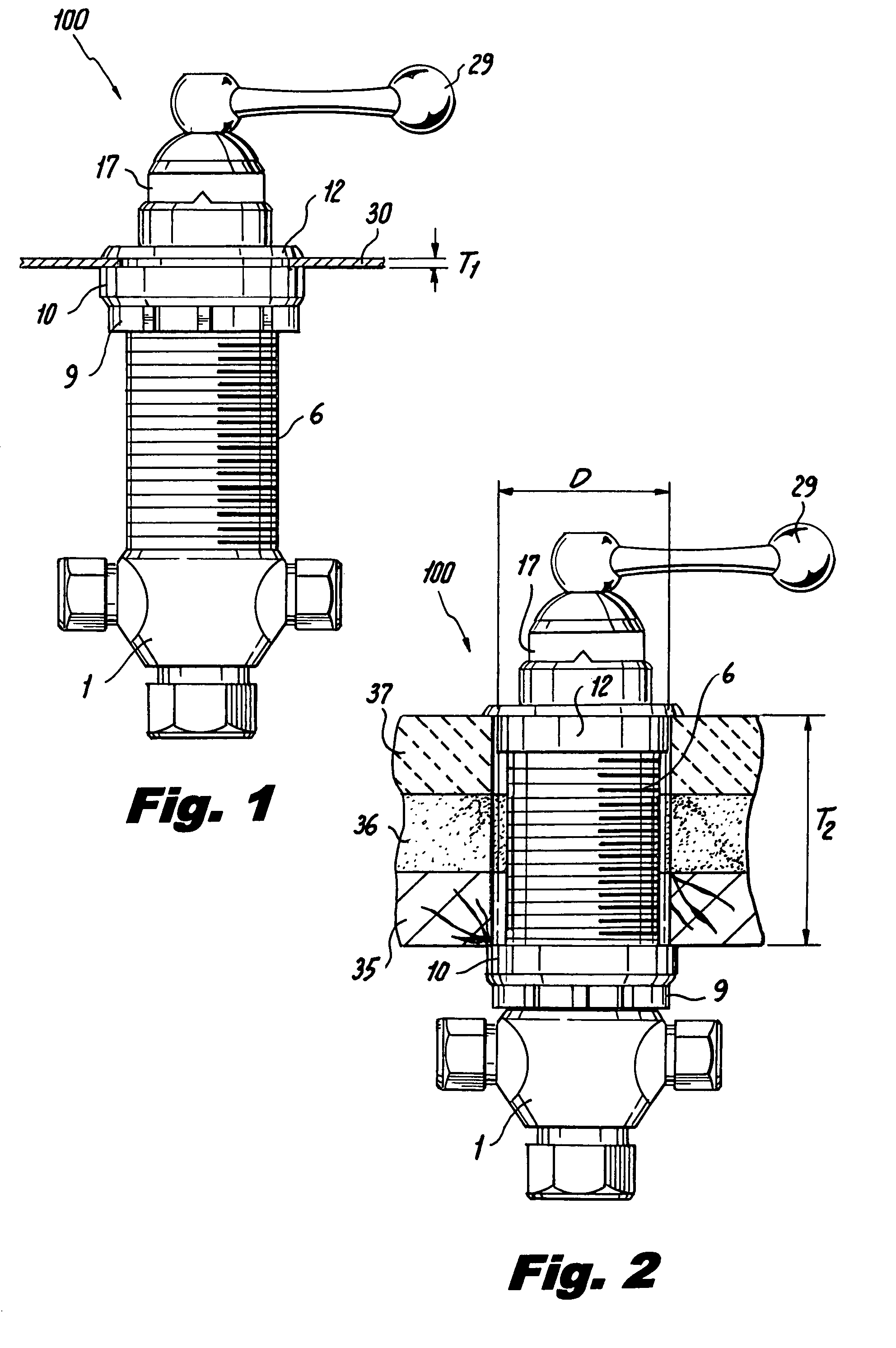 Thermostatic mixing valve for vertical mounting upon a horizontal bathtub deck