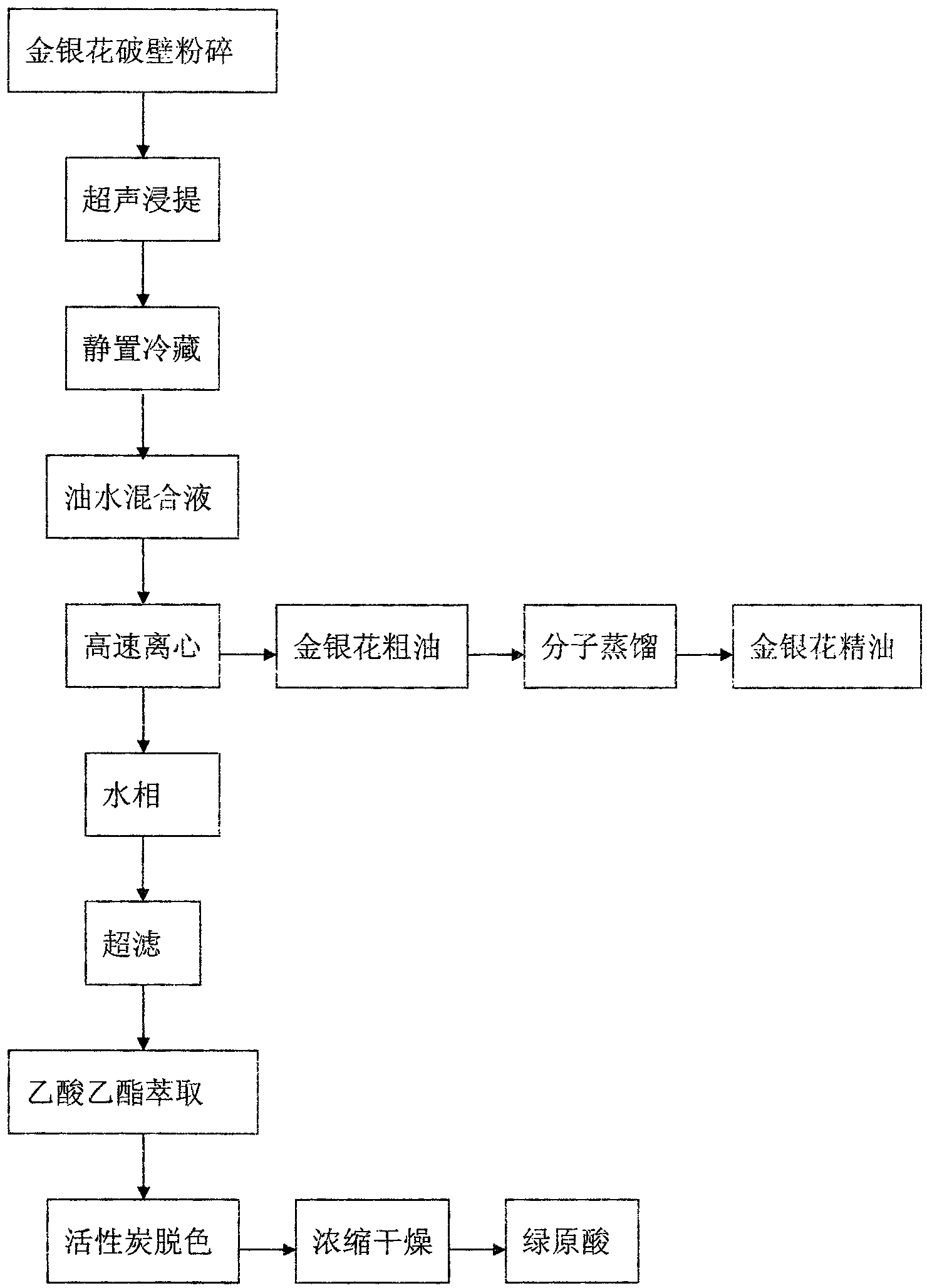 Novel method for simultaneously extracting and separating chlorogenic acid and honeysuckle flower essential oil from honeysuckle flower