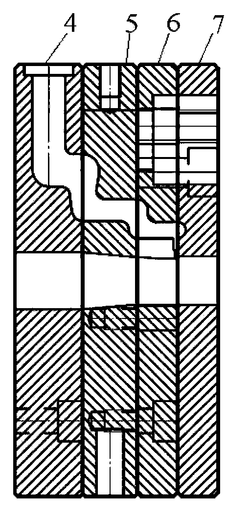 Co-extruding runner of four-cavity auxiliary sectional material co-extruding mold