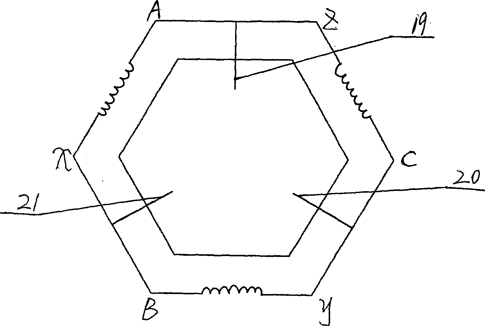 Regular hexagon all-electric melting tank furnace for melting medium-alkali glass