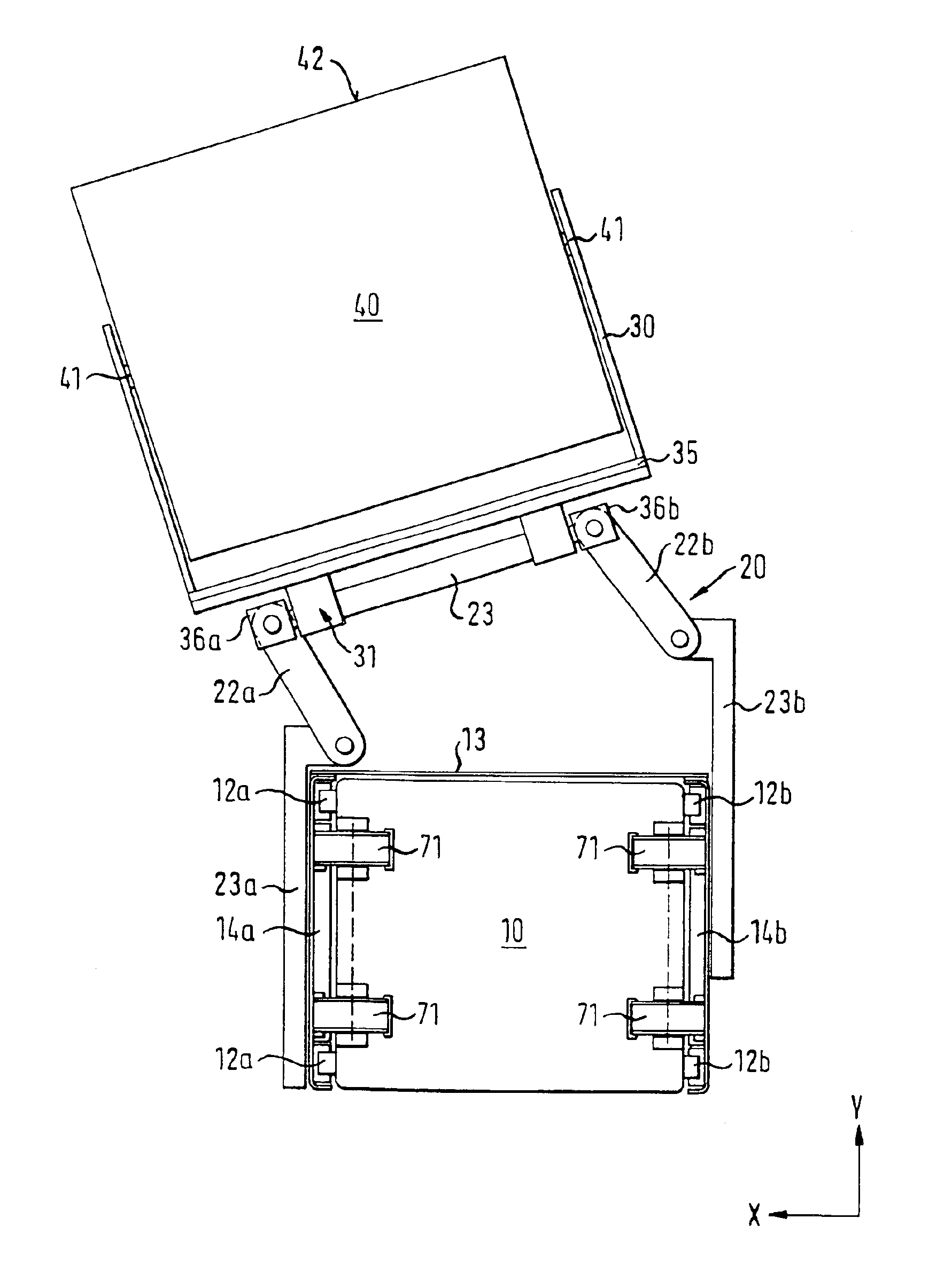 Handling device, especially for positioning a test head on a testing device