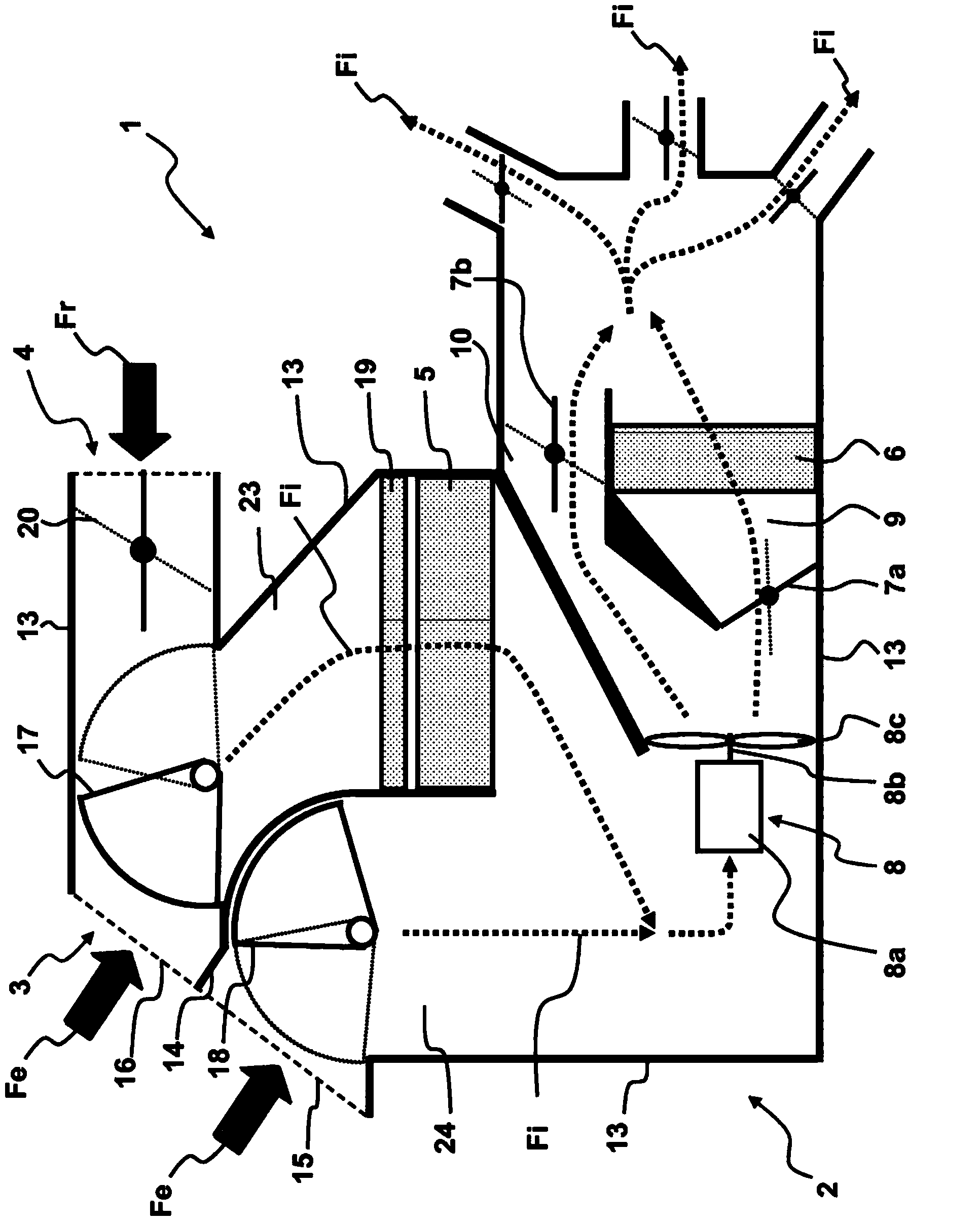 Heating, ventilation and/or air-conditioning apparatus including an air flow channel bypassing a heat exchanger