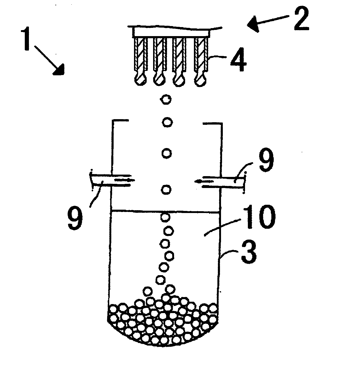 Dripping nozzle device, device for recovering feedstock liquid, device for supplying a feedstock liquid, device for solidifying the surfaces of drops, device for circulation aqueous ammonia solution, and apparatus for droducing ammonium diuranate particles