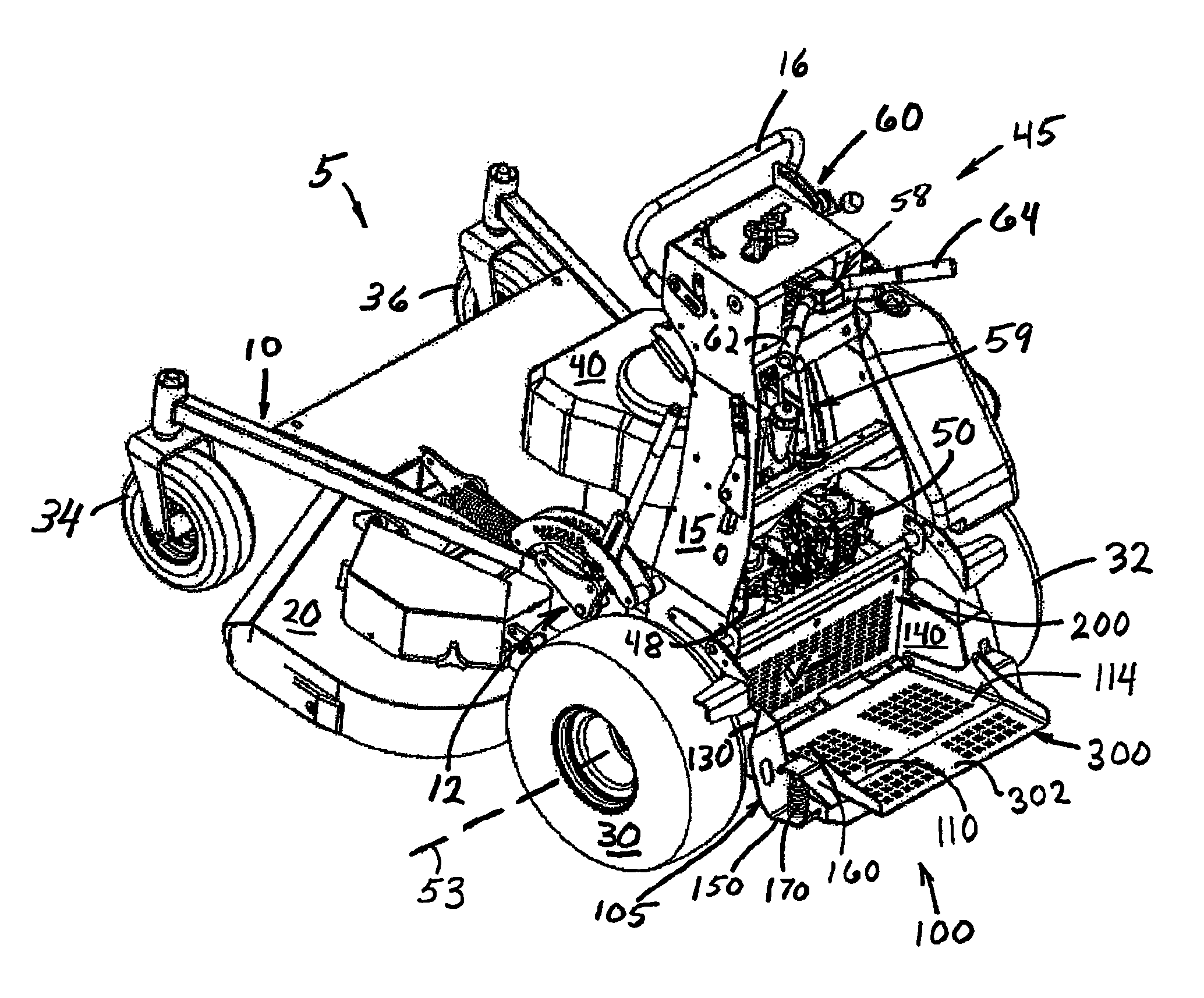 Selectively extendible operator's platform for stand-on lawnmower