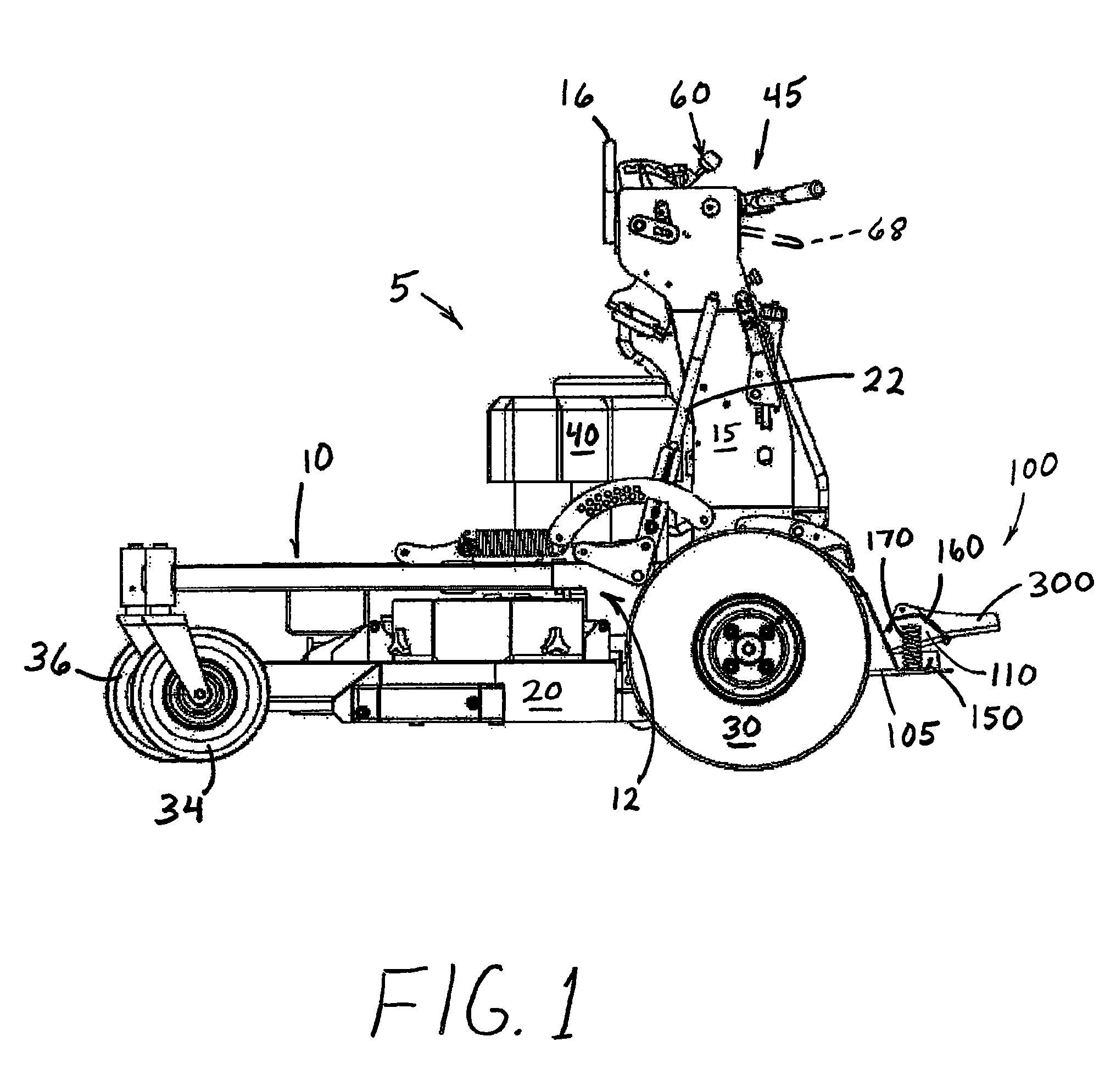 Selectively extendible operator's platform for stand-on lawnmower