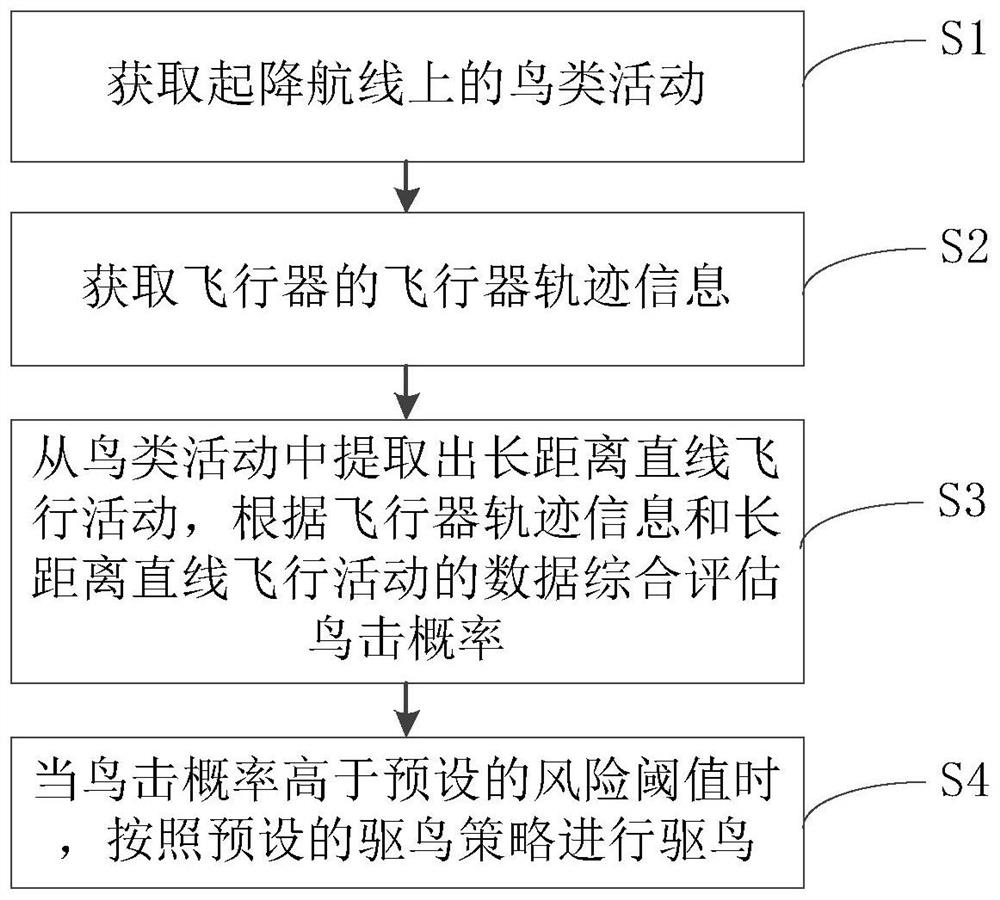 Method and system for preventing long-distance linear flying birds from colliding with aircraft