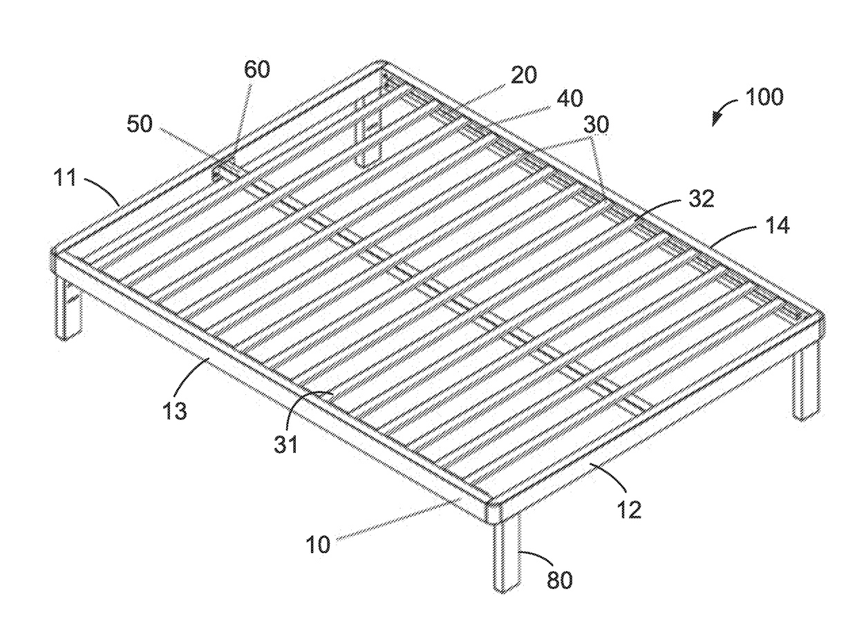 Bed and bed frame having supporting bars coupled by touch fasteners
