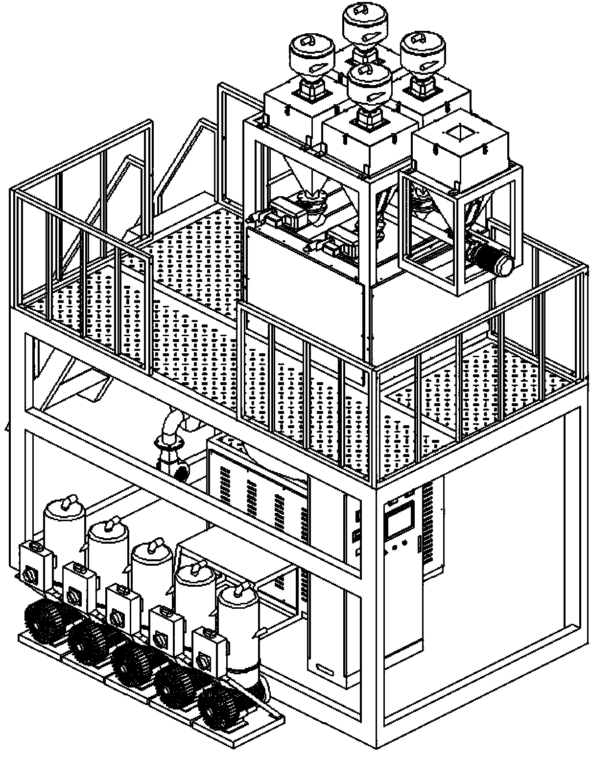 Production line device for one-time extrusion of TPO self-adhesion sand-surface waterproof coiled material