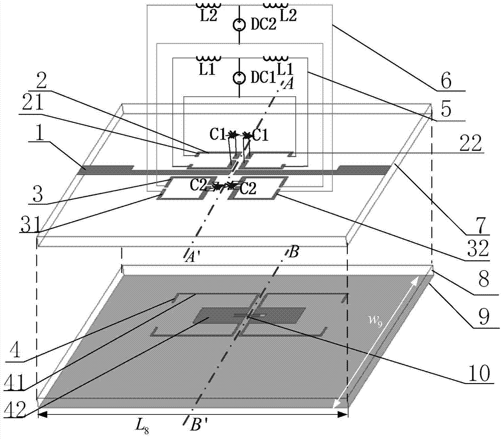 Electronically adjustable four-pass band filter based on double-layer resonators