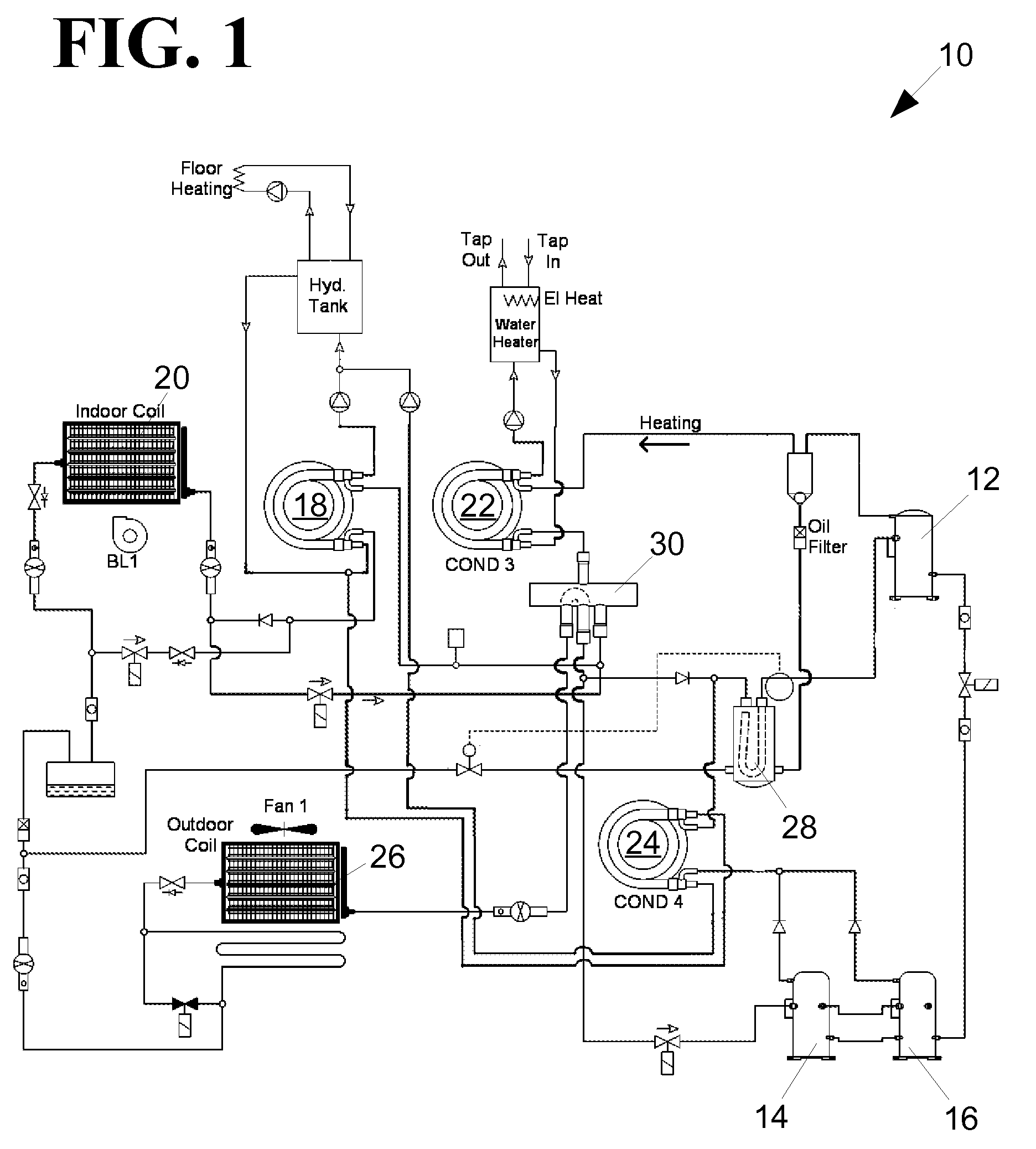 Heat pump with forced air heating regulated by withdrawal of heat to a radiant heating system