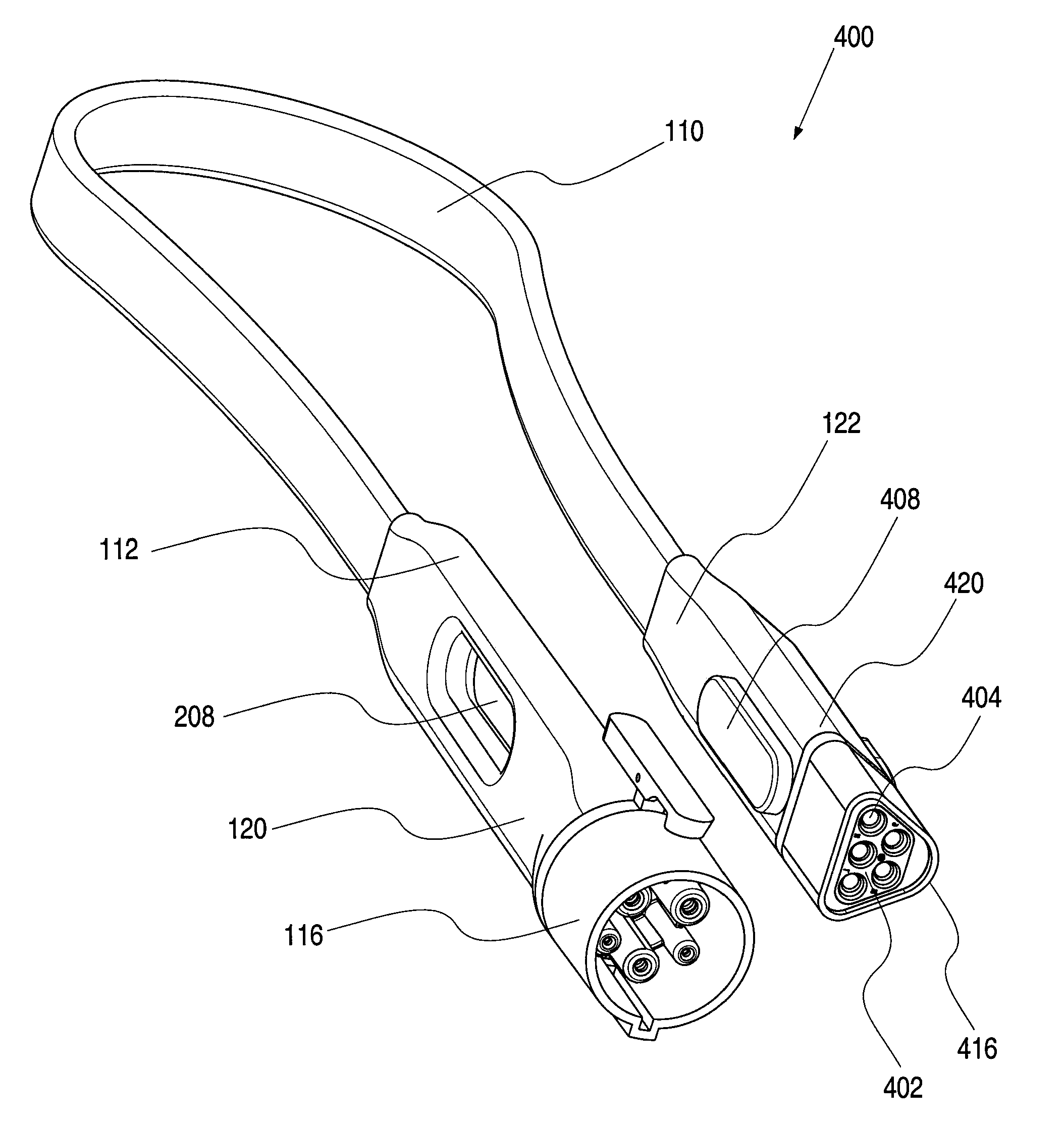 An electrical connector with a flexible blade-shaped housing with a handle with an opening