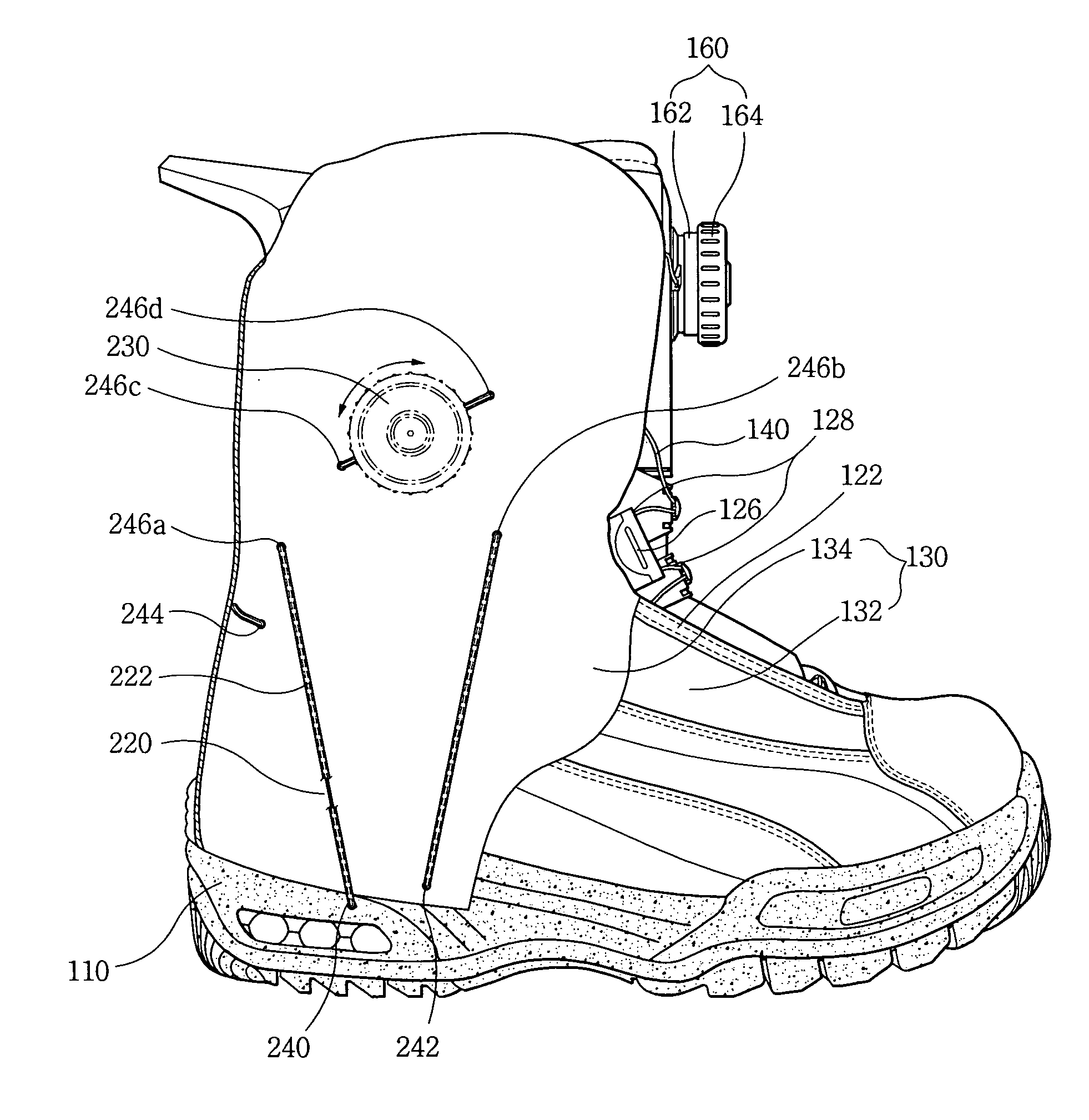 Apparatus for tightening top of foot in leisure sports boot fixing heel to sole
