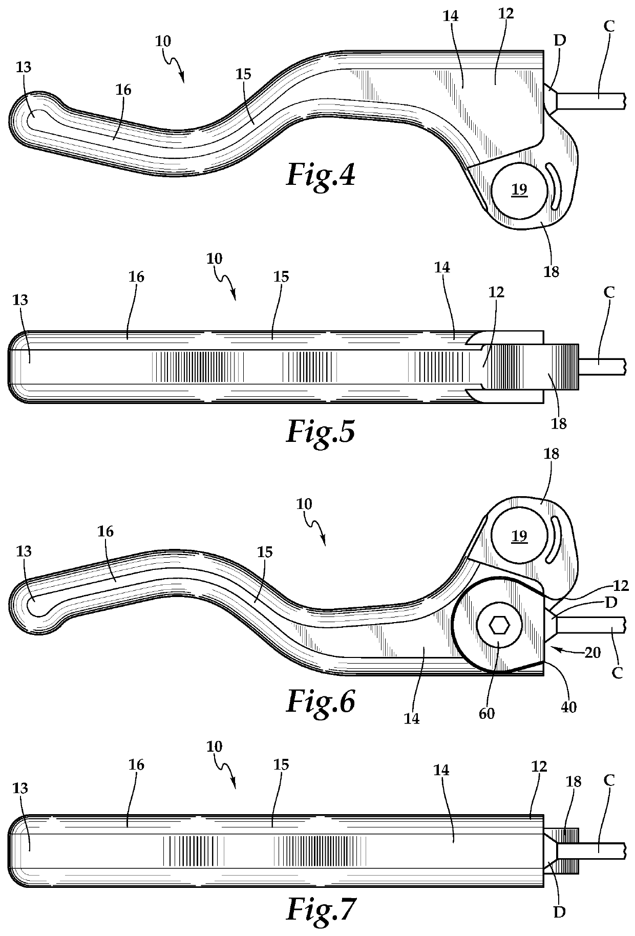 Side loading low force clutch lever for motorcycles