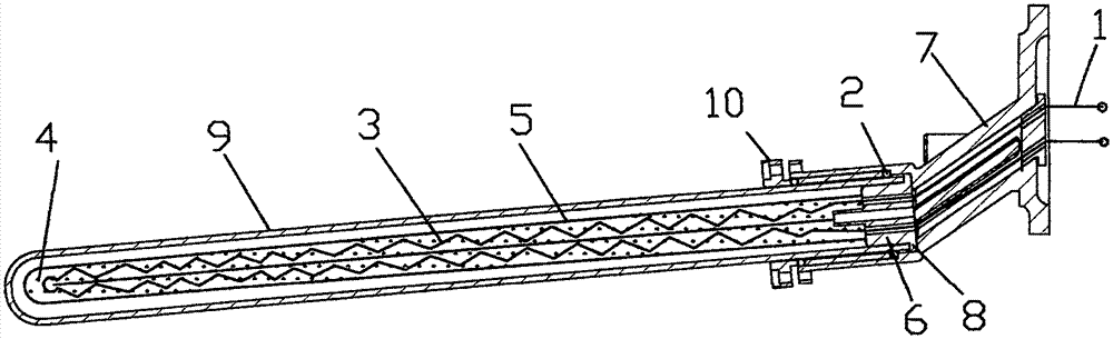 A combined type electric heating tube formed by a heater having a nonmetal tube arranged outside a metal tube and a sinking injection molded connecting piece