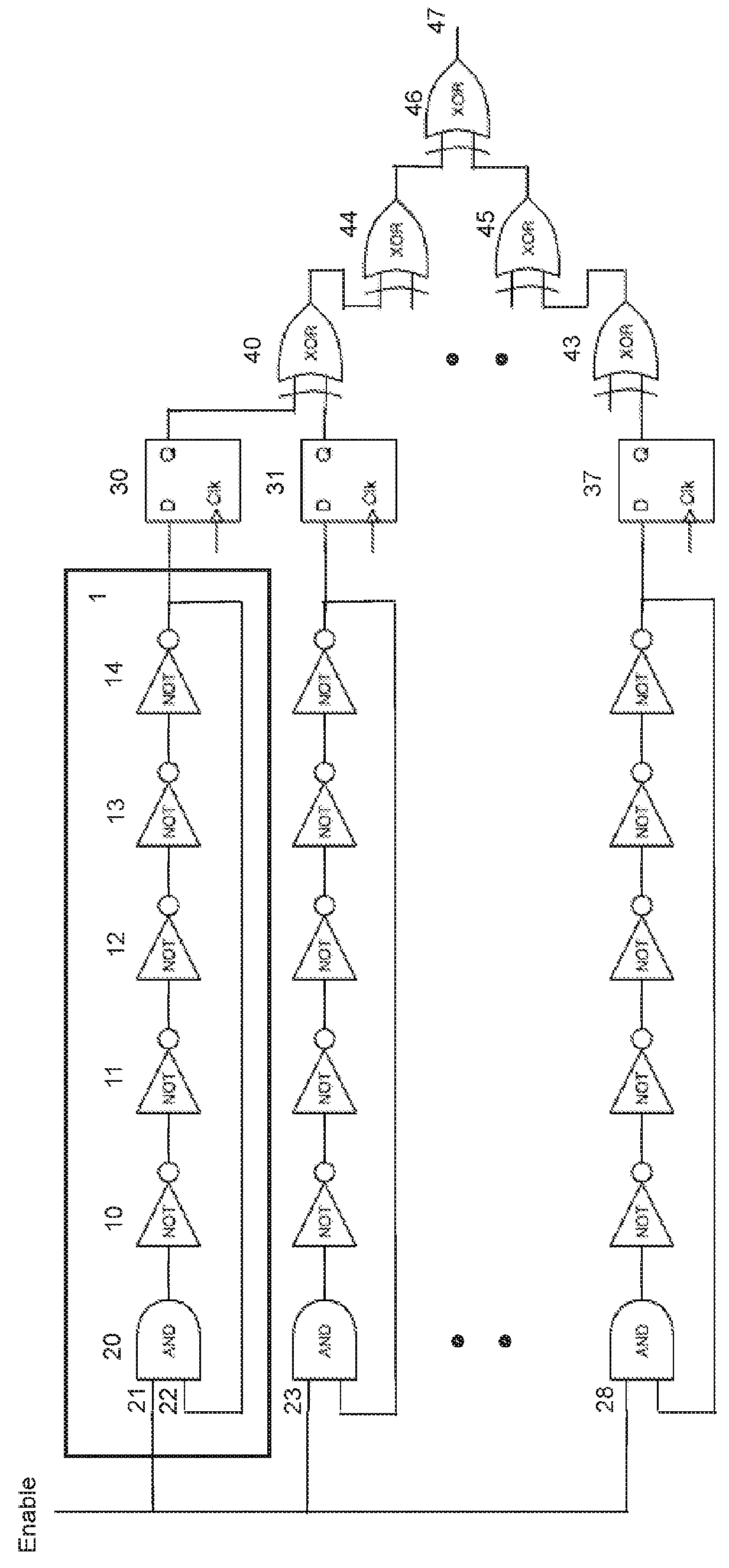 Random number generator using ring oscillators with initial delay