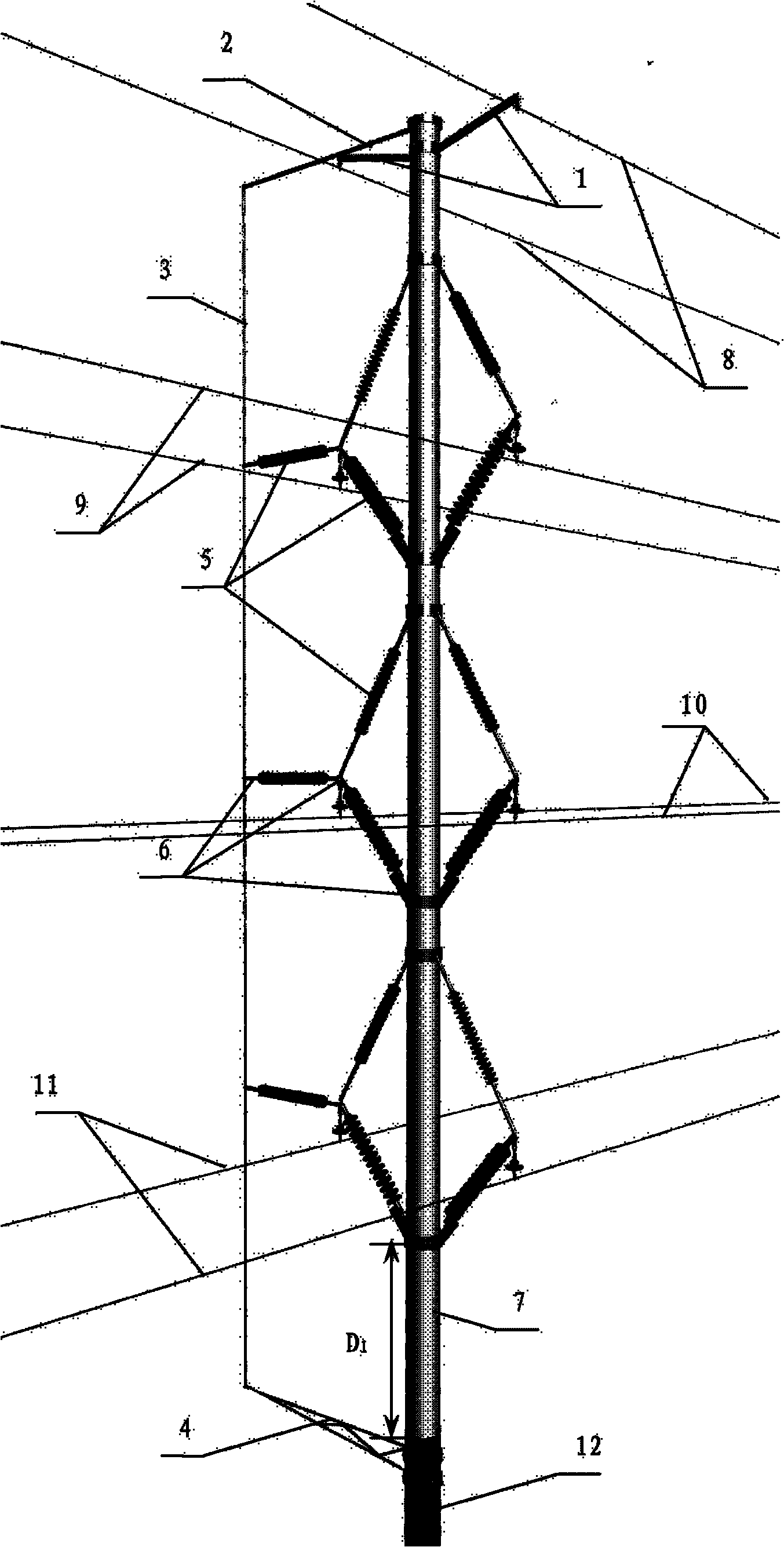 Composite material pole tower outside vertical grounding led-down method and pole tower thereof