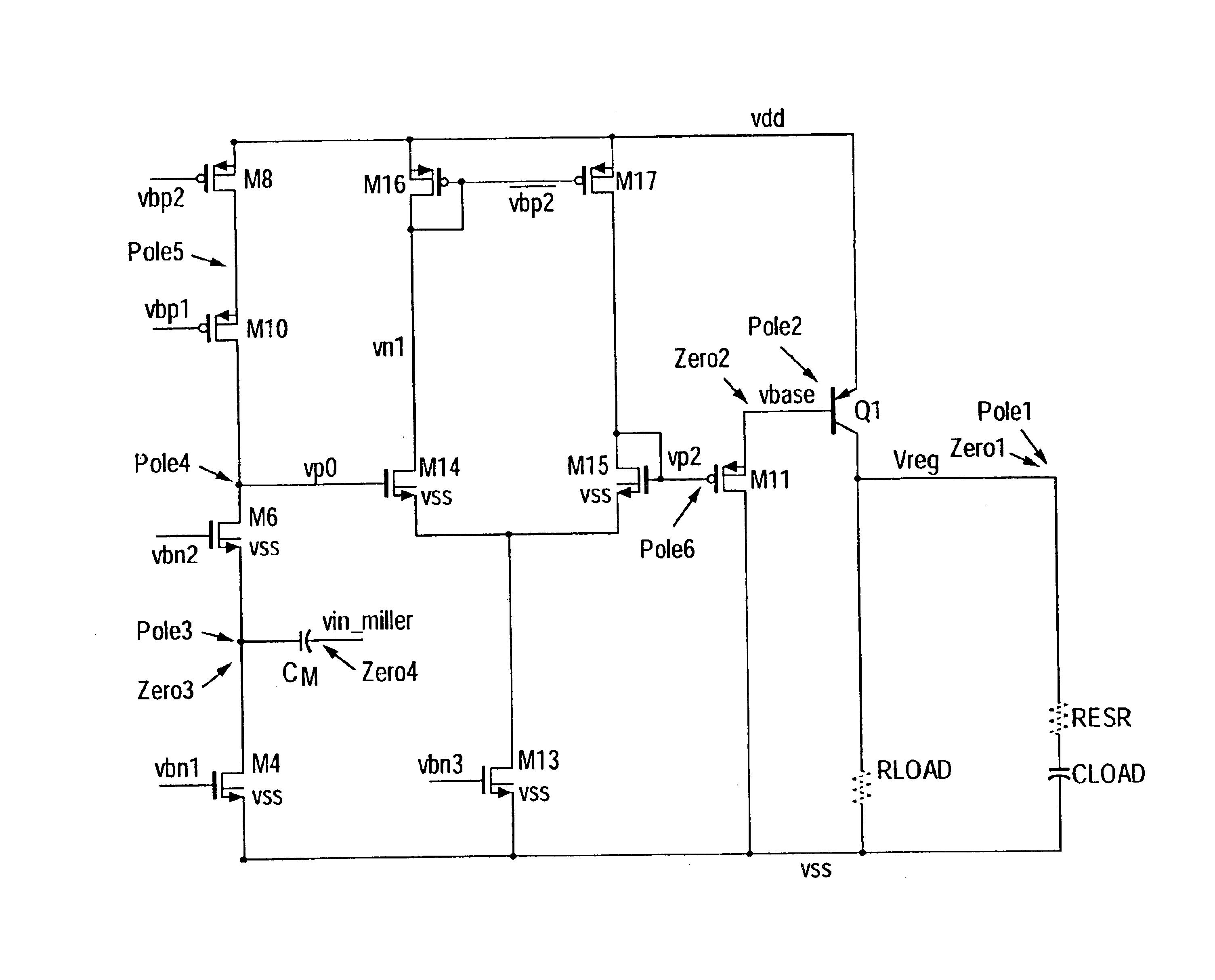 Amplifier with miller-effect compensation for use in closed loop system such as low dropout voltage regulator