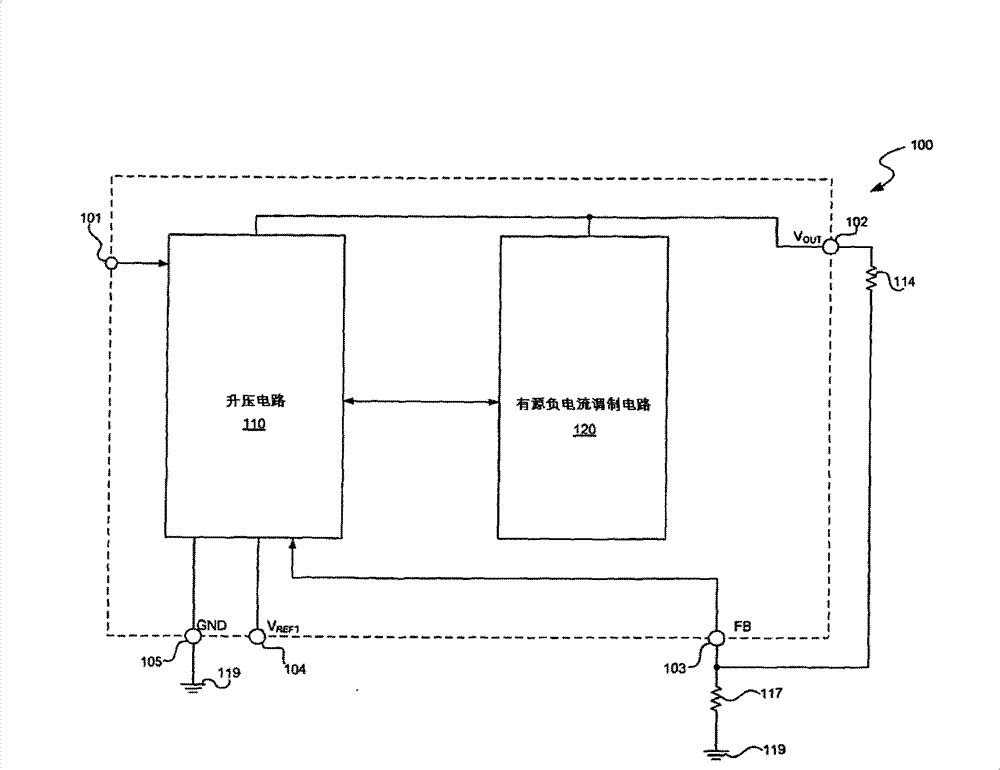 Synchronous voltage booster circuit with active negative current modulation and control method thereof