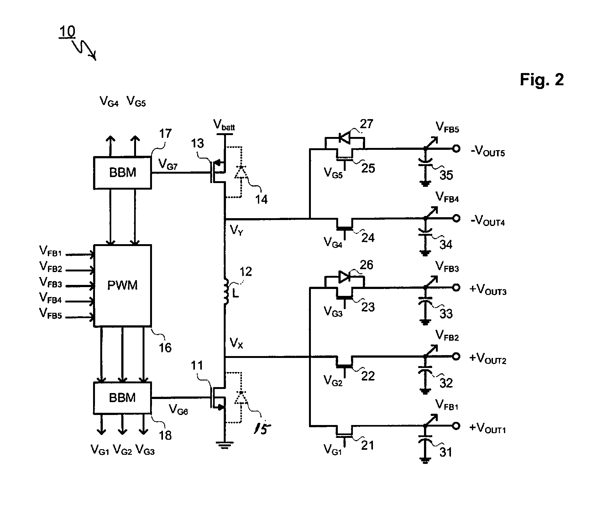 Multiple-output dual-polarity DC/DC converters and voltage regulators