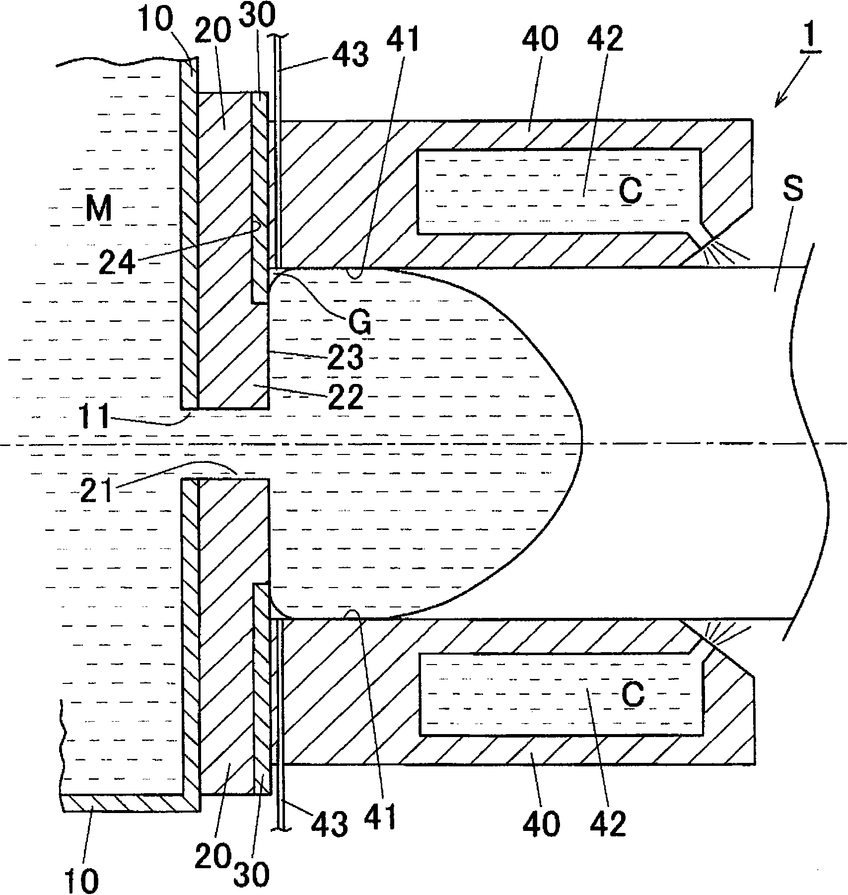 Continuous casting device and molten metal pouring nozzle