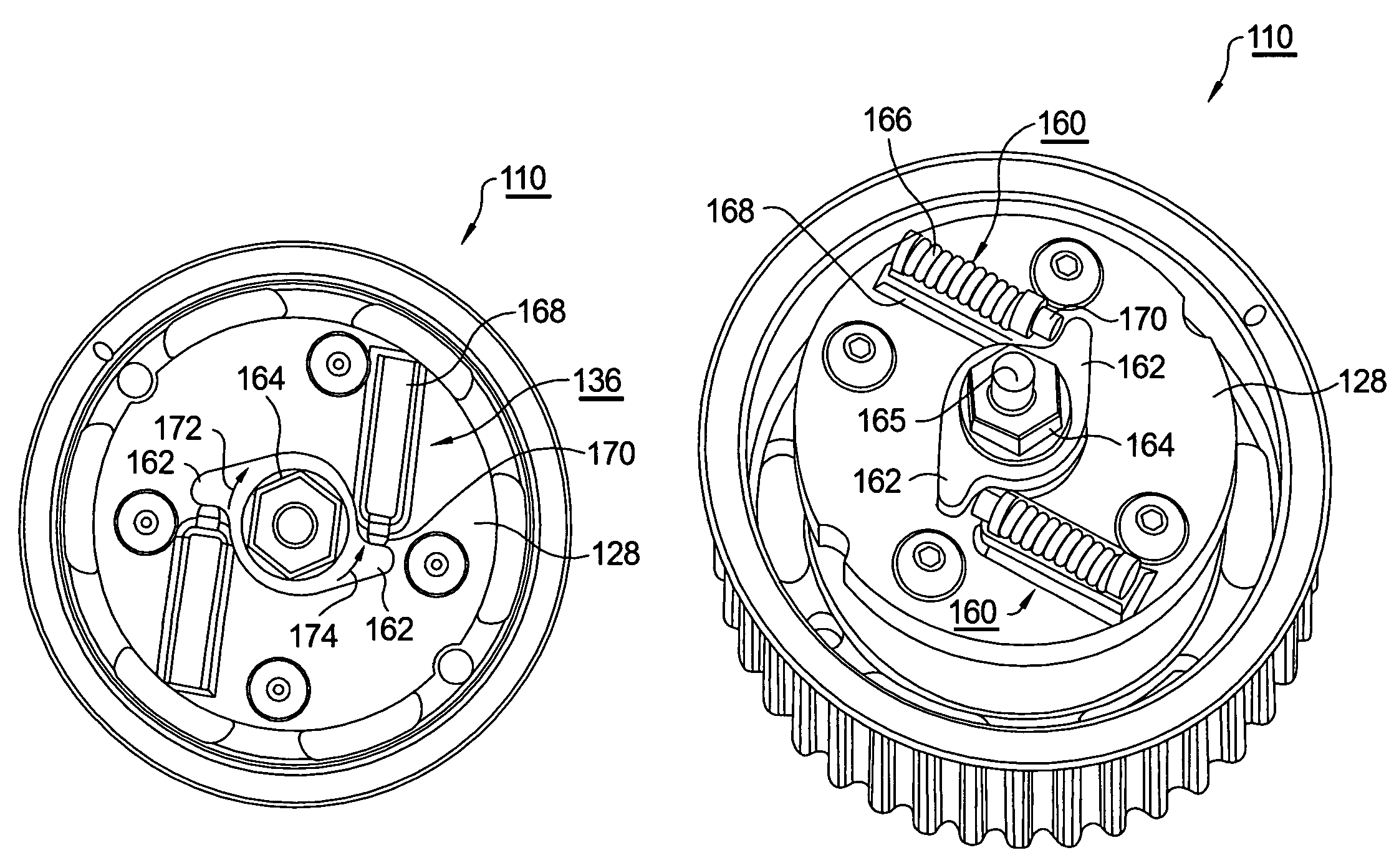 Vane-type cam phaser having bias spring system to assist intermediate position pin locking