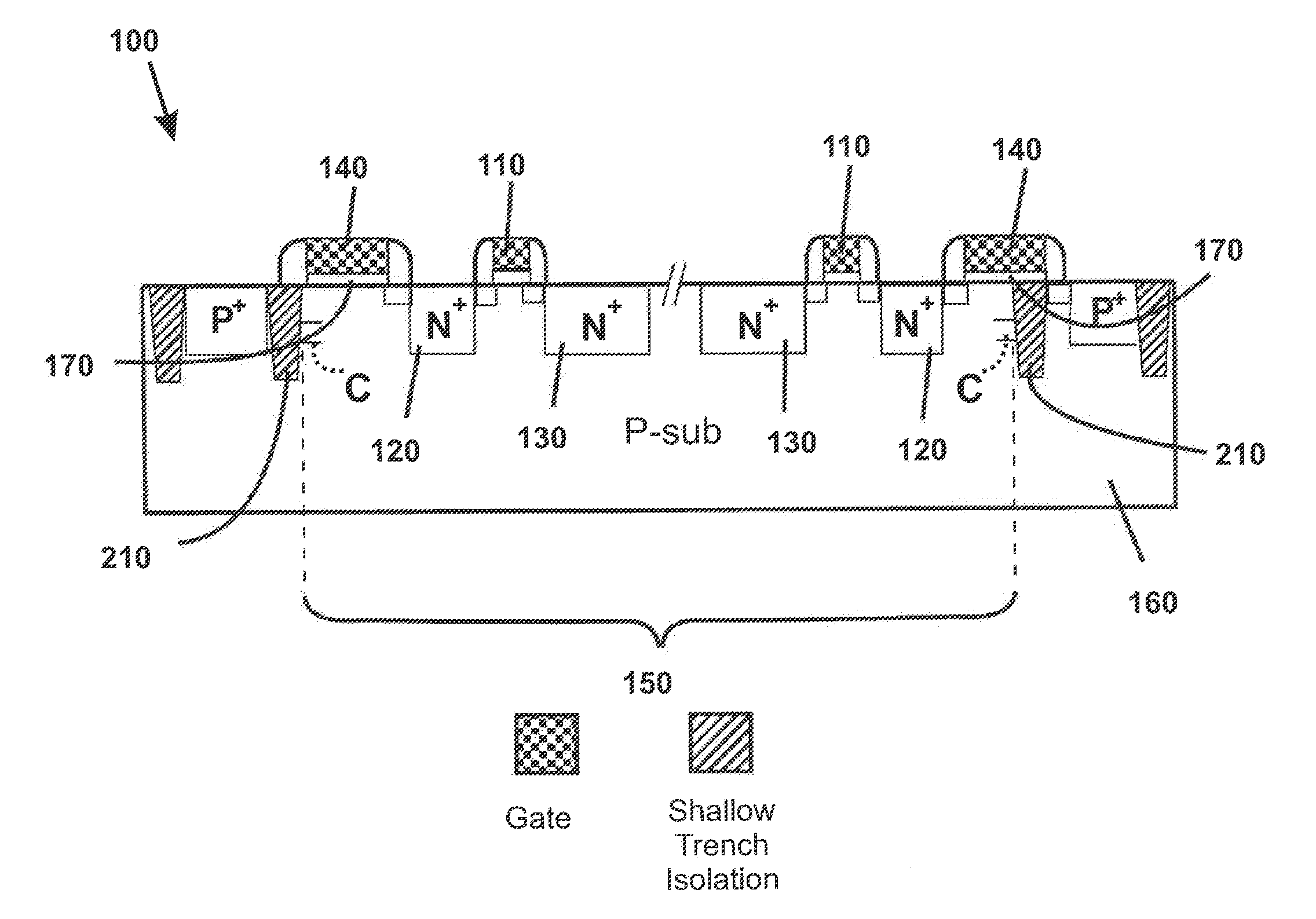 System and method for input pin ESD protection with floating and/or biased polysilicon regions