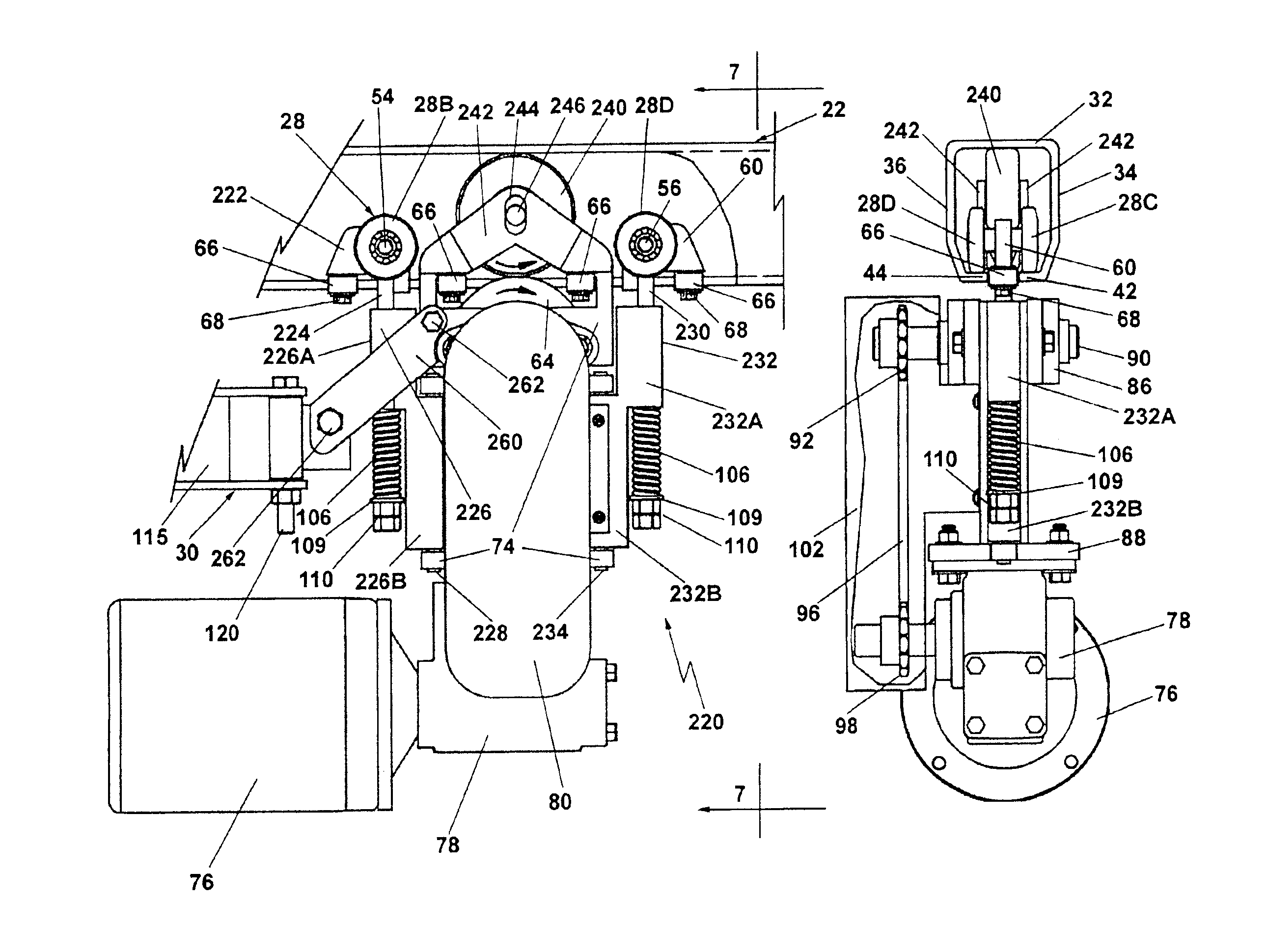 Trolley with tractor drive for use in curved enclosed tracks and system including the same