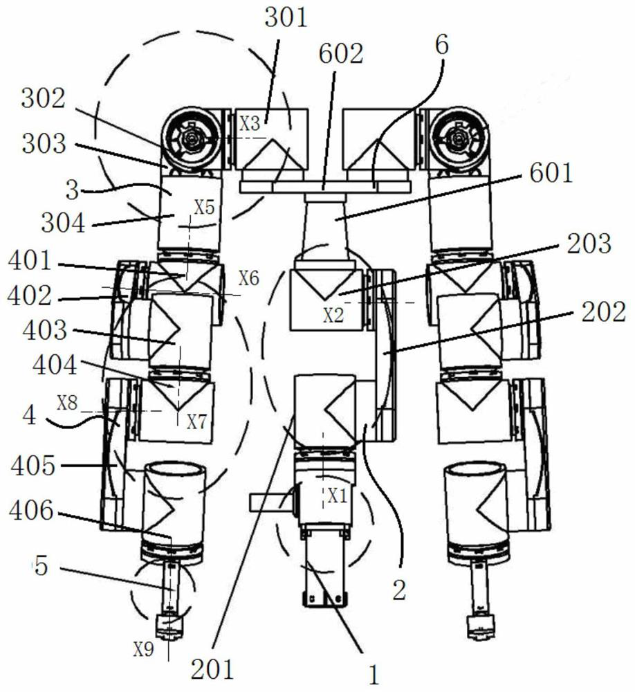 Linkage wearable sixteen-degree-of-freedom driving end mechanical arm