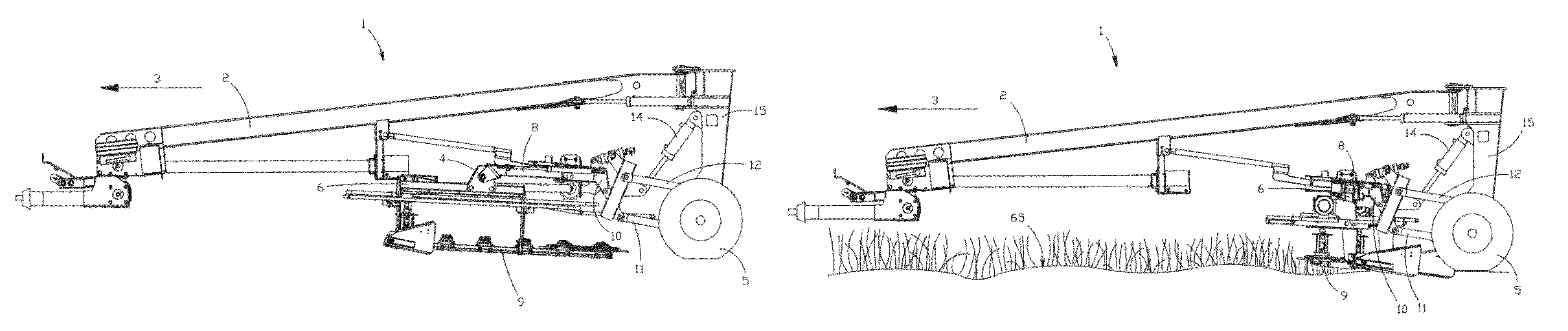 Self-leveling four-bar linkage for suspending a header of an agricultural implement