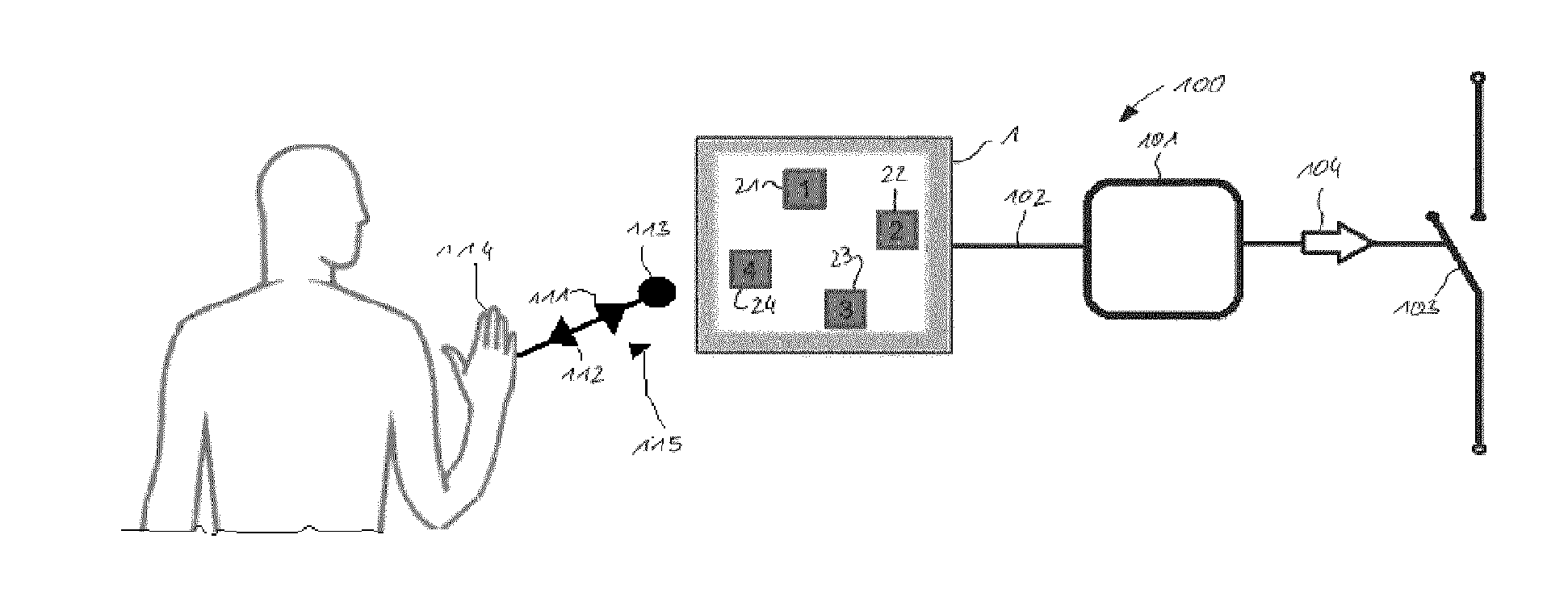 Switch operating device, mobile device and method for operating a switch by a non-tactile push-gesture