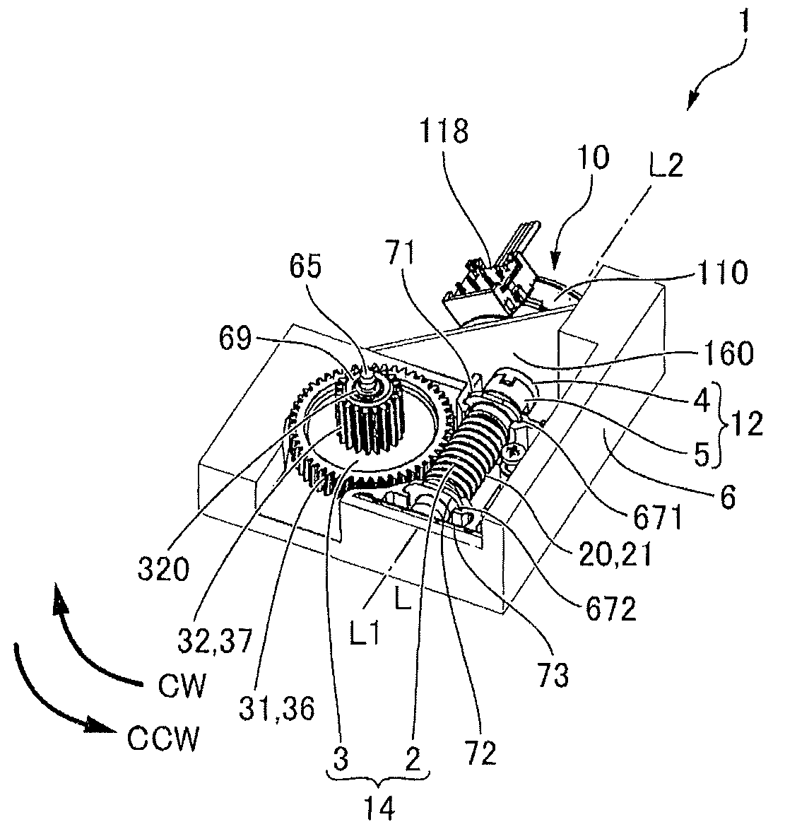 Motor device having transmission member that is movable relative to motor side coupling part and worm gear side coupling part