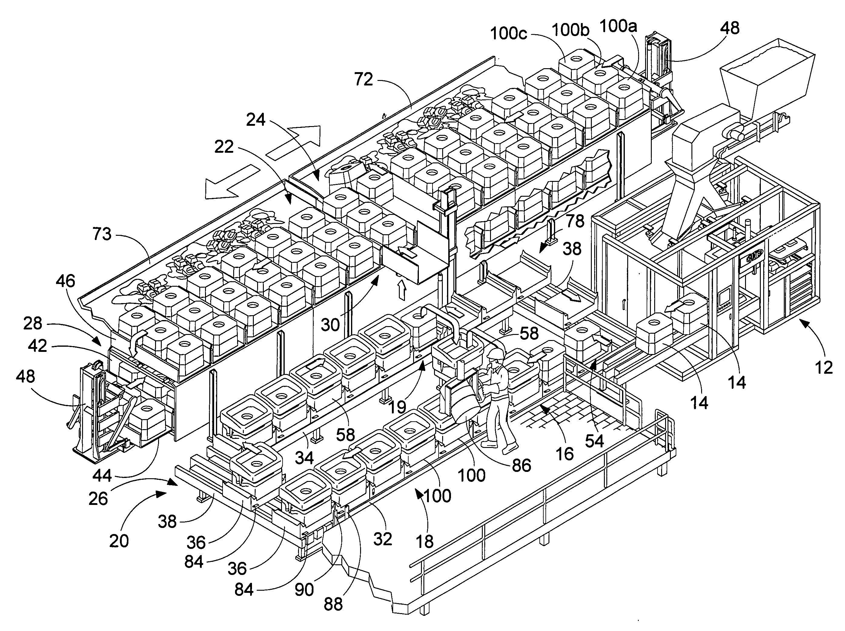 Foundry mold handling system with multiple dump outputs and method