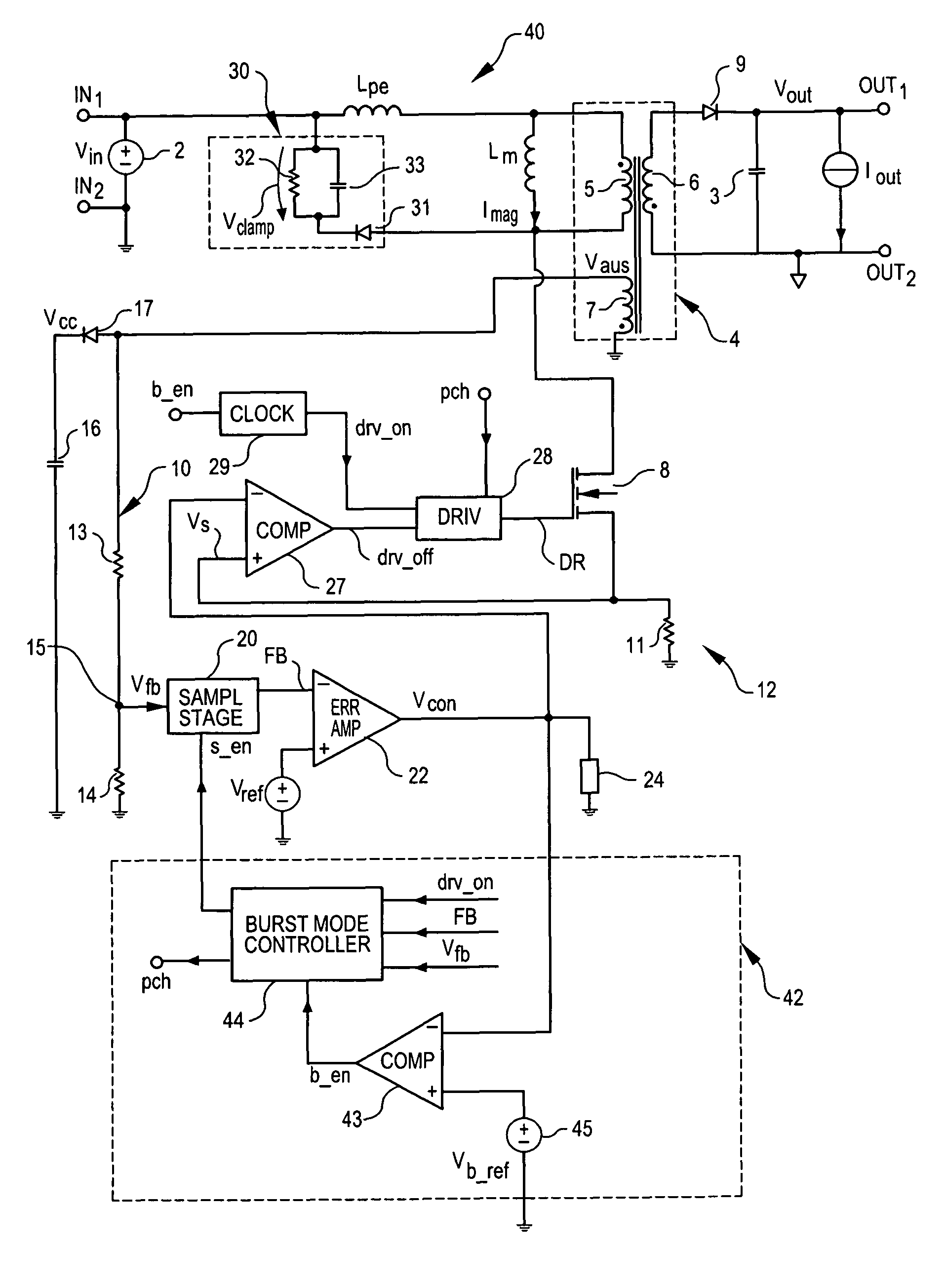 Isolated voltage converter with feedback on the primary winding and passive snubber network, and corresponding control method