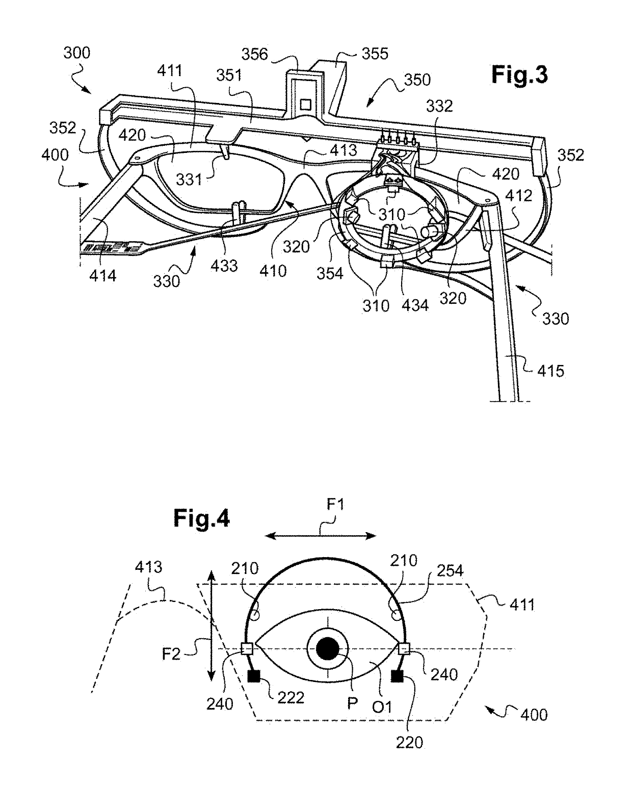 Devices and methods for determining the position of a characterizing point of an eye and for tracking the direction of the gaze of a wearer of spectacles