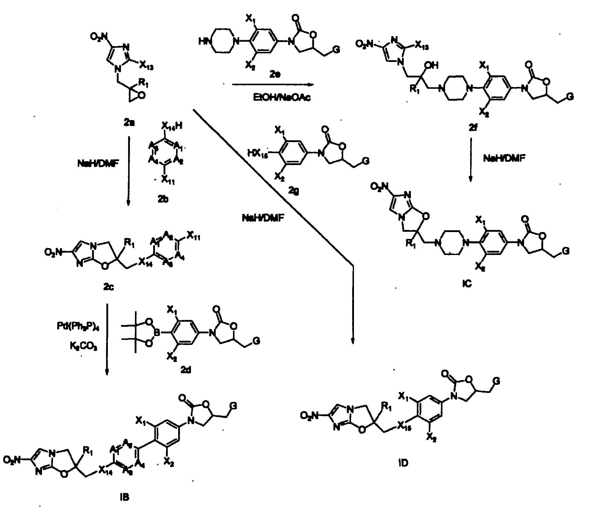 Bicyclic nitroimidazoles covalently linked to substituted phenyl oxazolidinones