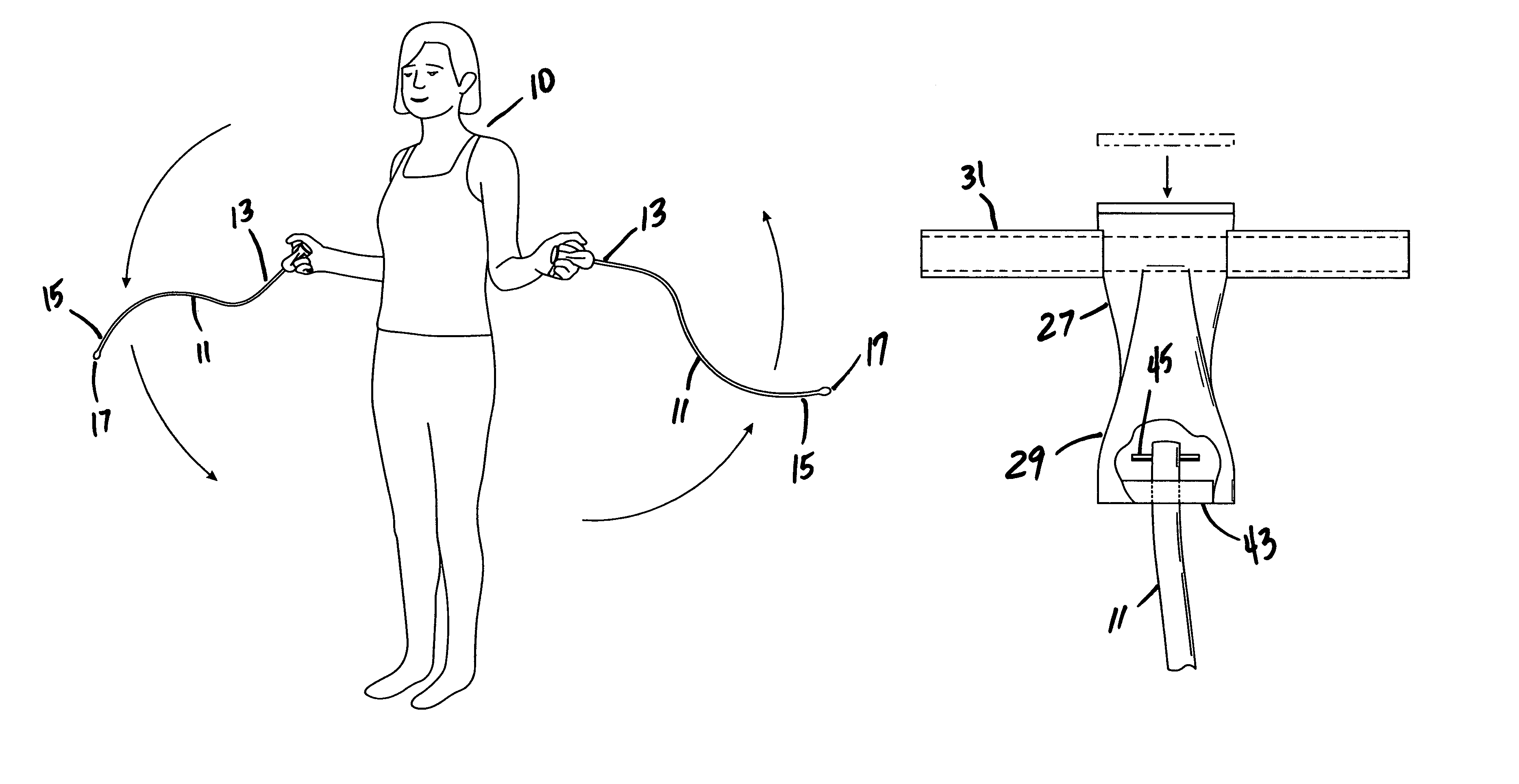 Exercise device and method of jump rope exercise using two separate ropes