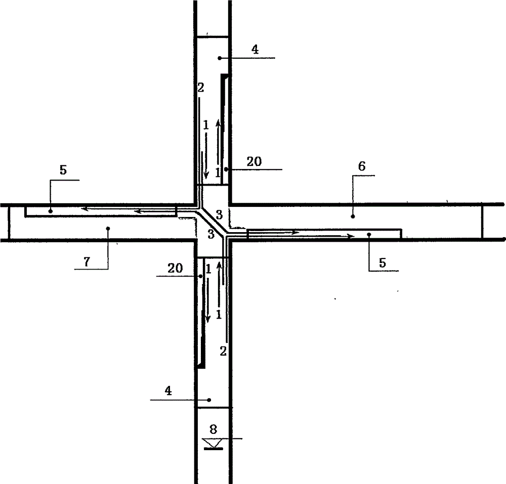 Interchange crossing designed for pedestrians walking on ground, cars running above or under ground level, and mutual accommodation only among cars on same road
