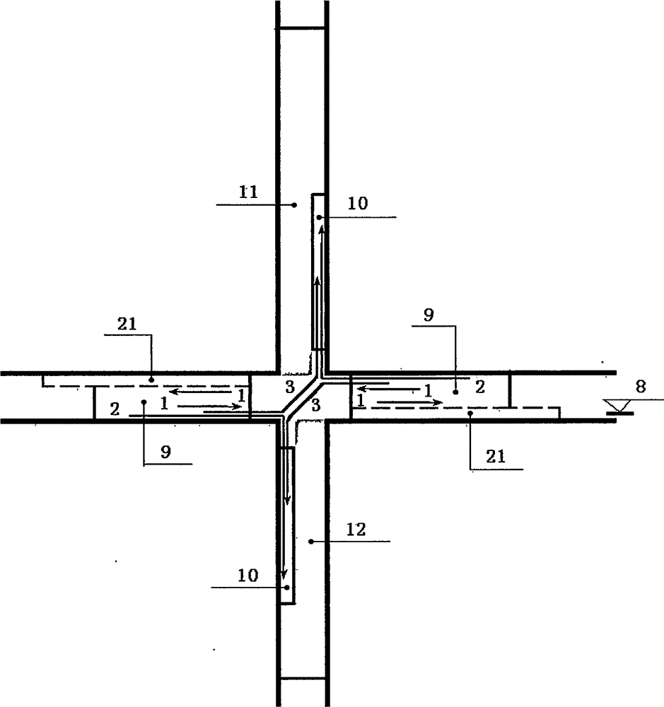 Interchange crossing designed for pedestrians walking on ground, cars running above or under ground level, and mutual accommodation only among cars on same road