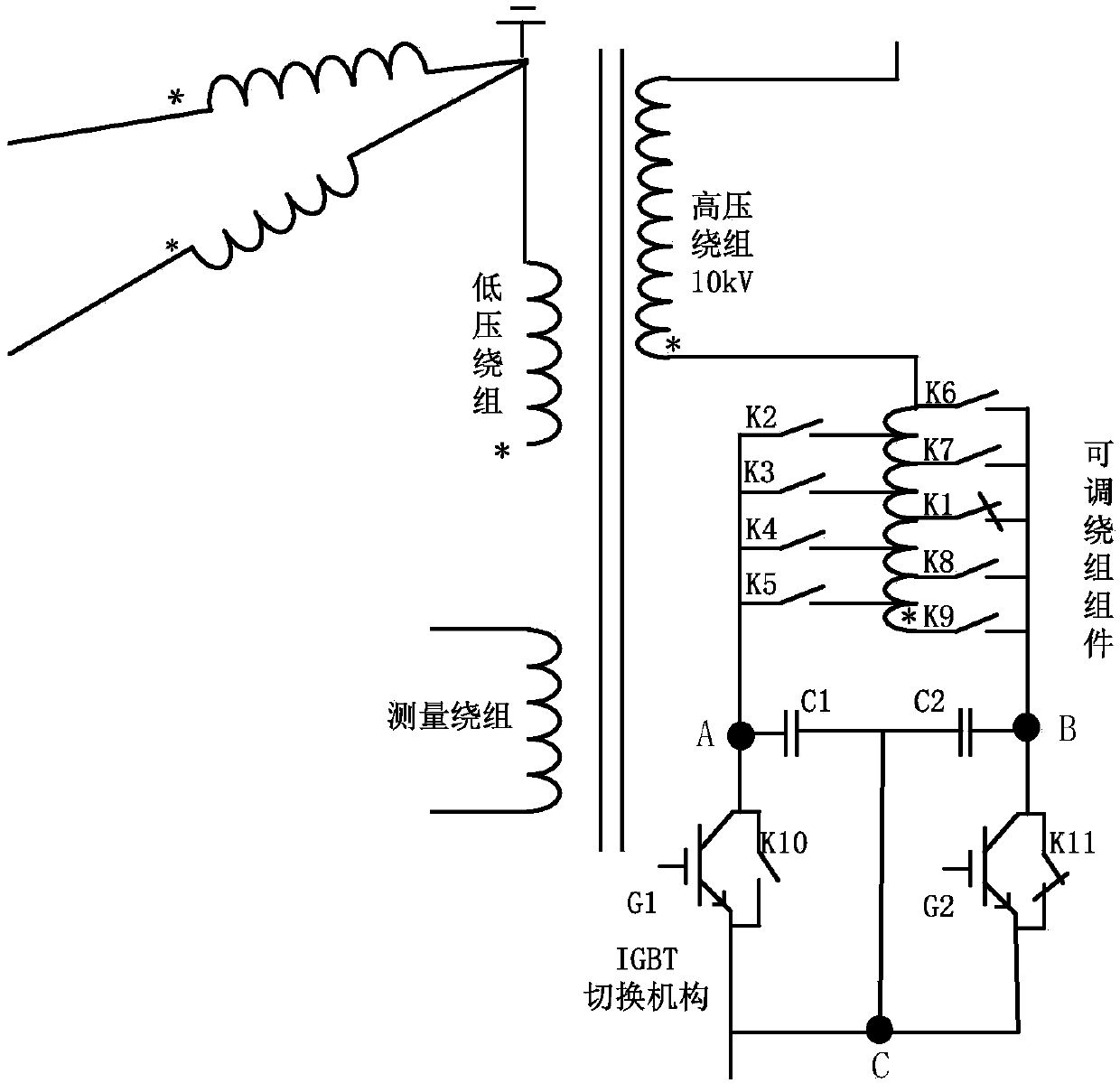 Voltage regulating device of transformer, control method of voltage regulating device and control system based on voltage regulating device