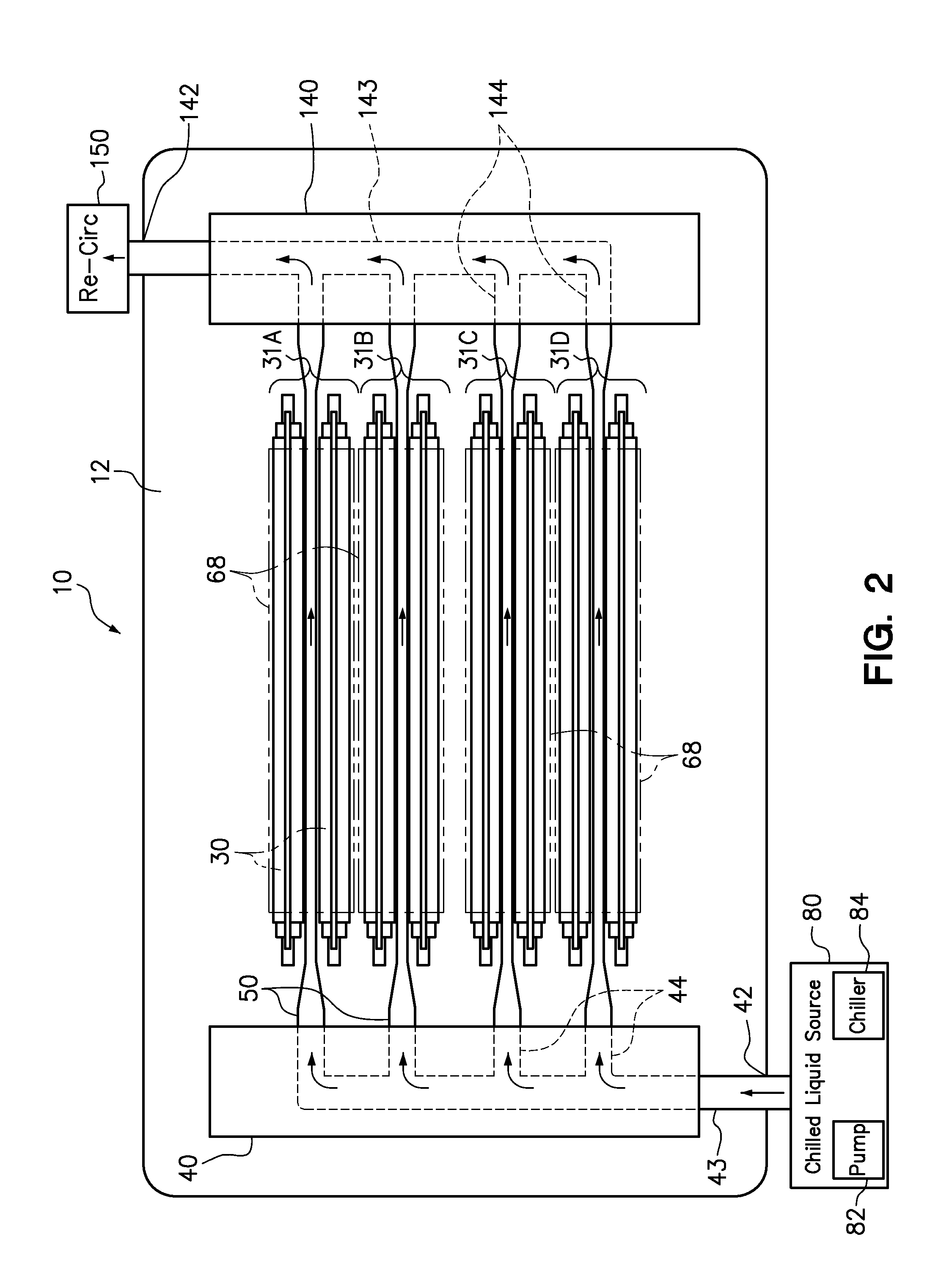 Liquid-cooled memory system having one cooling pipe per pair of dimms