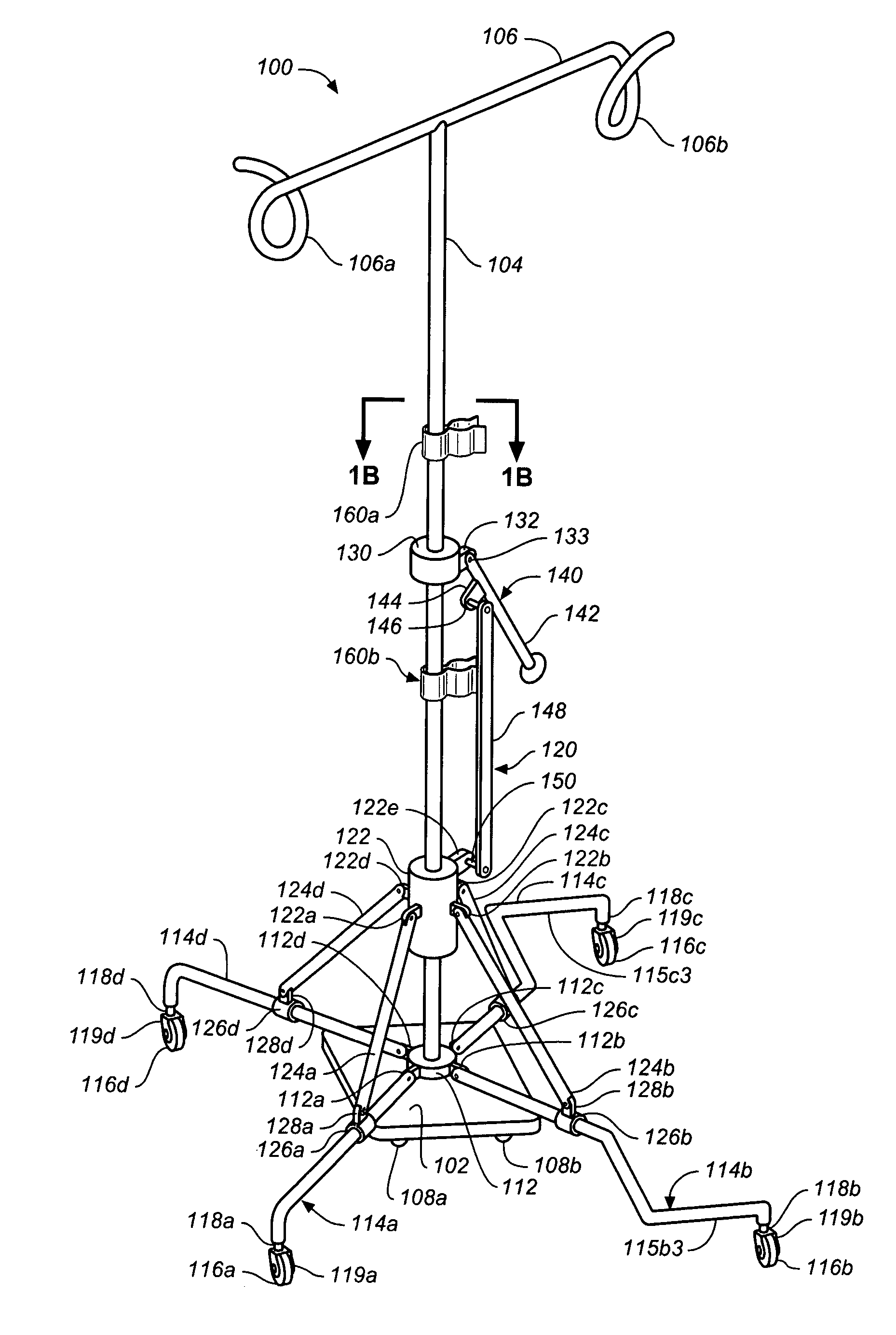 Adjustable wheeled IV stand