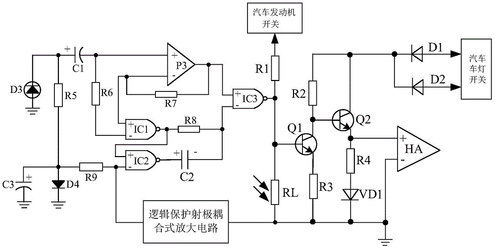 Automobile lamp turn-off forgetting alarm apparatus based on light beam excitation circuit and logic protection circuit