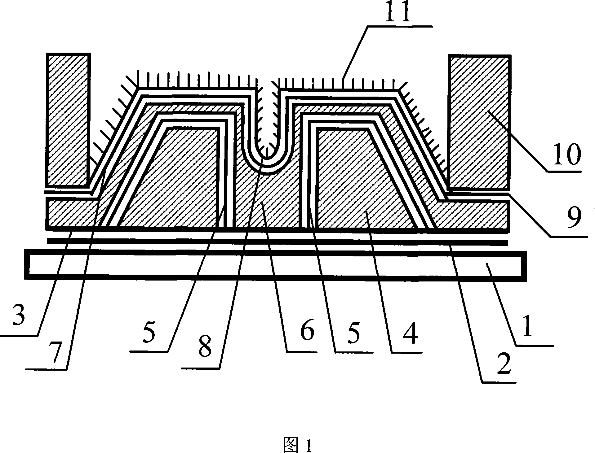 Planar display device with inclined-sloped bottom-grid controlled transmitting structure and its production