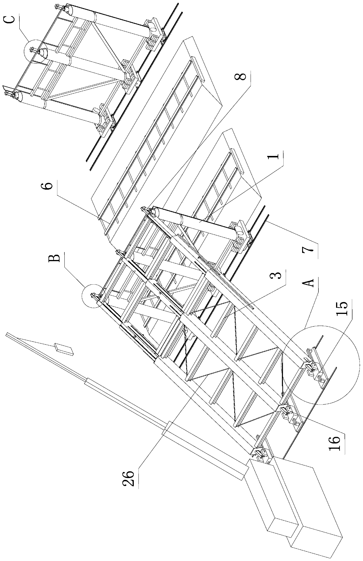 Hinged protective scaffolding used in construction of viaduct crossing railway, and erecting method thereof